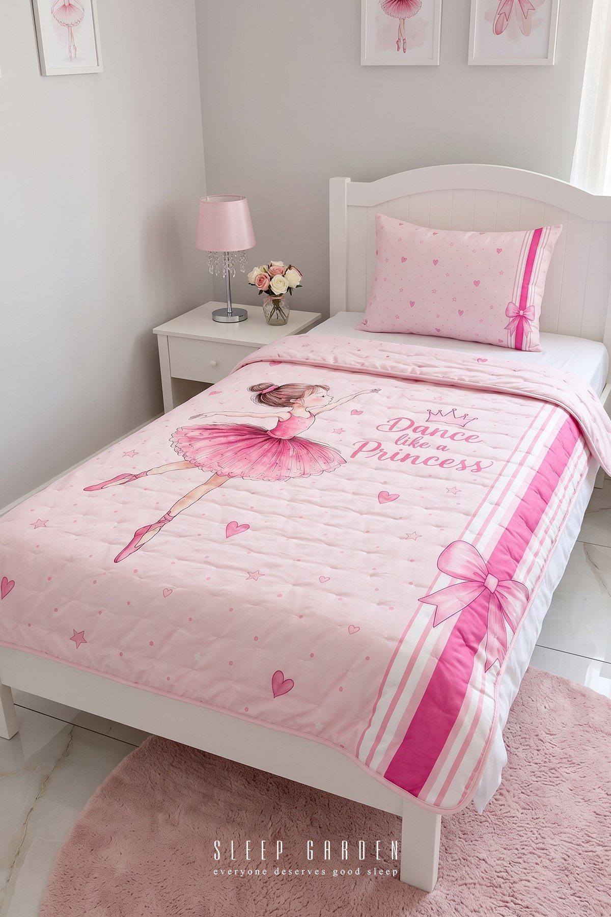 Sleep Garden Balerin Desenli Kız Çocuk Yatak Örtüsü Seti Kapitoneli Pembe 160x220 cm Sleep Garden