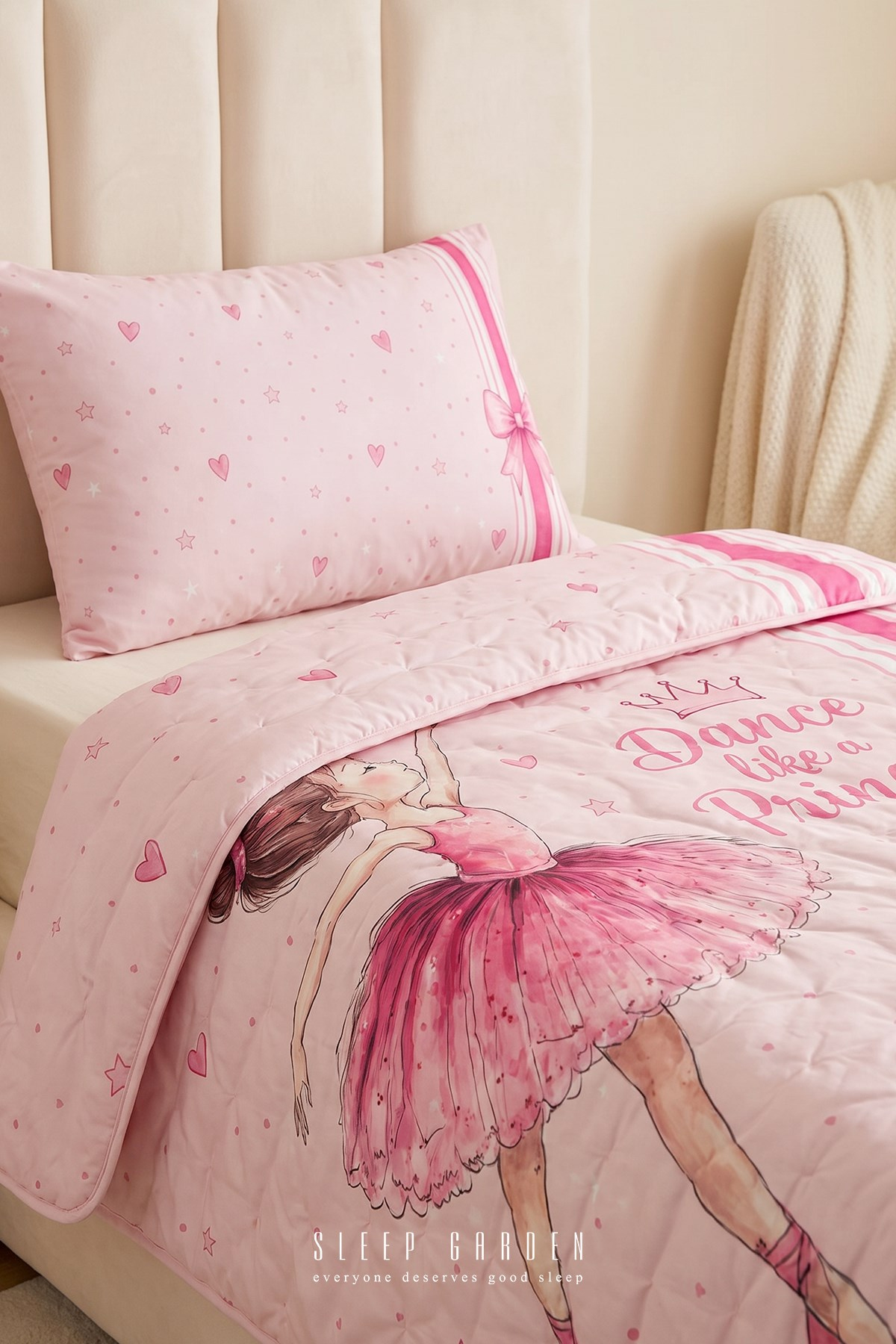 Sleep Garden Balerin Desenli Kız Çocuk Yatak Örtüsü Seti Kapitoneli Pembe 160x220 cm Sleep Garden
