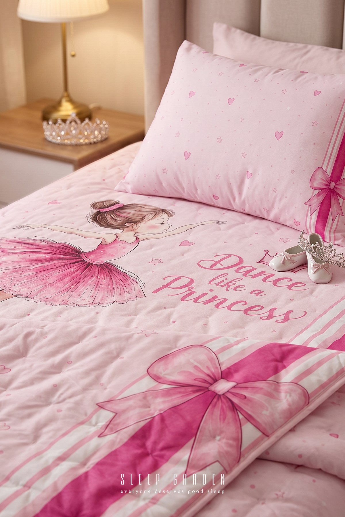 Sleep Garden Balerin Desenli Kız Çocuk Yatak Örtüsü Seti Kapitoneli Pembe 160x220 cm Sleep Garden