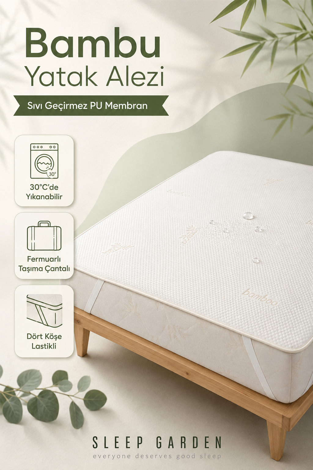 Sleep Garden Bambu Yatak Alezi Sıvı Geçirmez Dört Köşe LastikliSleep Garden Bambu Yatak Alezi Sıvı Geçirmez Dört Köşe Lastikli Çantalı Sleep Garden