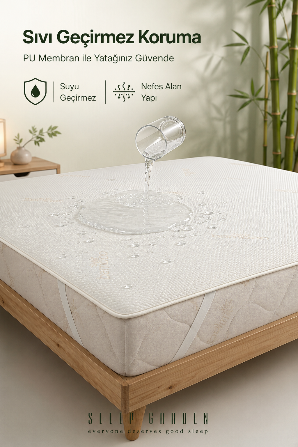 Sleep Garden Bambu Yatak Alezi Sıvı Geçirmez Dört Köşe LastikliSleep Garden Bambu Yatak Alezi Sıvı Geçirmez Dört Köşe Lastikli Çantalı Sleep Garden