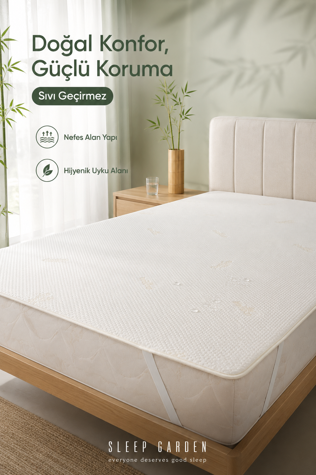 Sleep Garden Bambu Yatak Alezi Sıvı Geçirmez Dört Köşe LastikliSleep Garden Bambu Yatak Alezi Sıvı Geçirmez Dört Köşe Lastikli Çantalı Sleep Garden