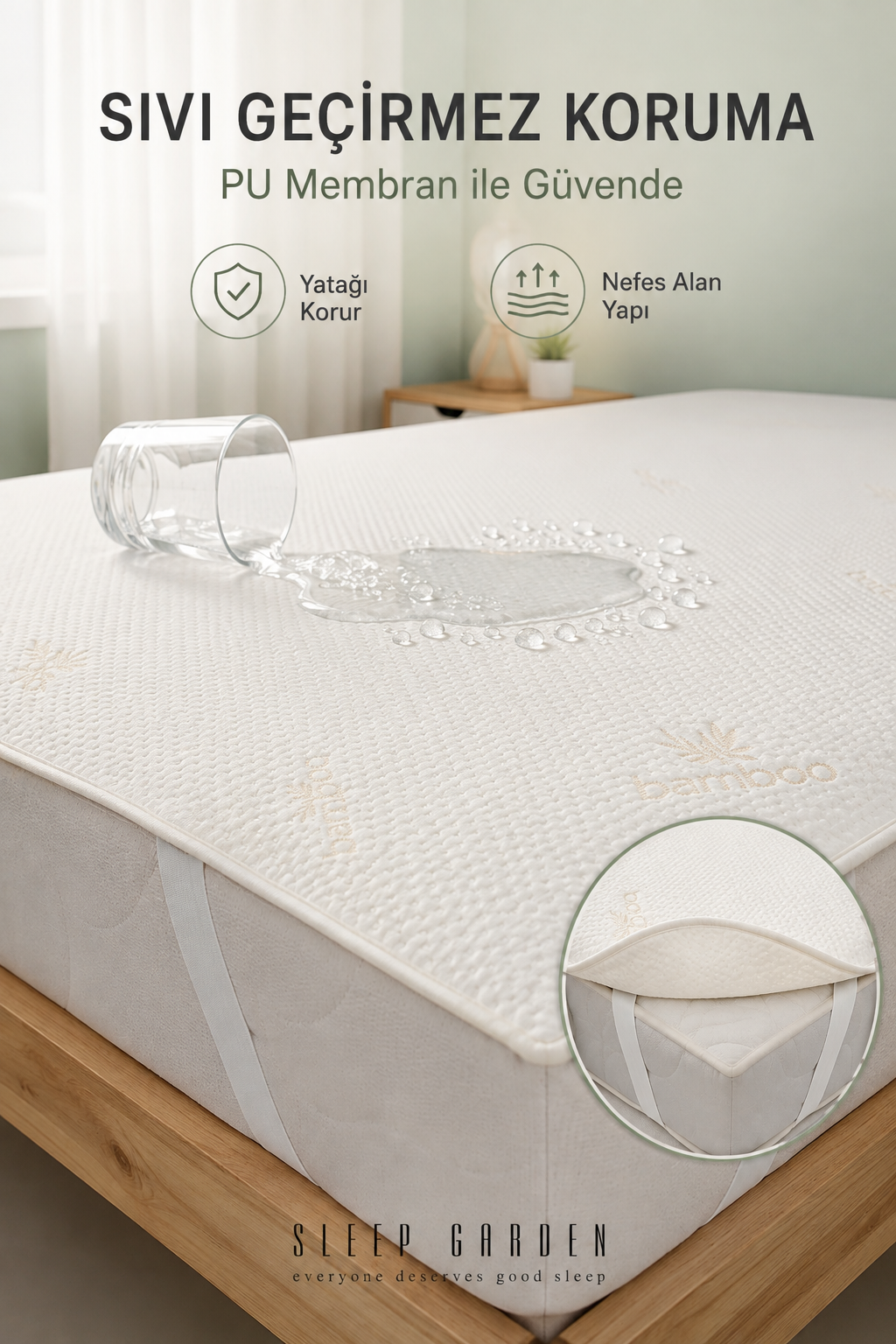 Sleep Garden Bambu Yatak Alezi Sıvı Geçirmez Dört Köşe LastikliSleep Garden Bambu Yatak Alezi Sıvı Geçirmez Dört Köşe Lastikli Çantalı Sleep Garden