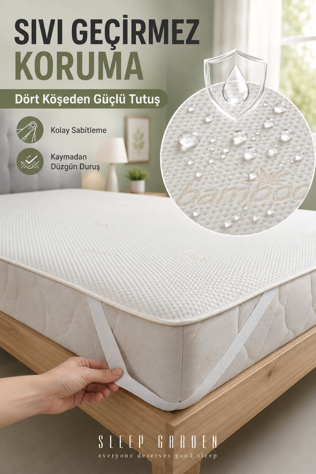 Sleep Garden Bambu Yatak Alezi Sıvı Geçirmez Dört Köşe LastikliSleep Garden Bambu Yatak Alezi Sıvı Geçirmez Dört Köşe Lastikli Çantalı Sleep Garden