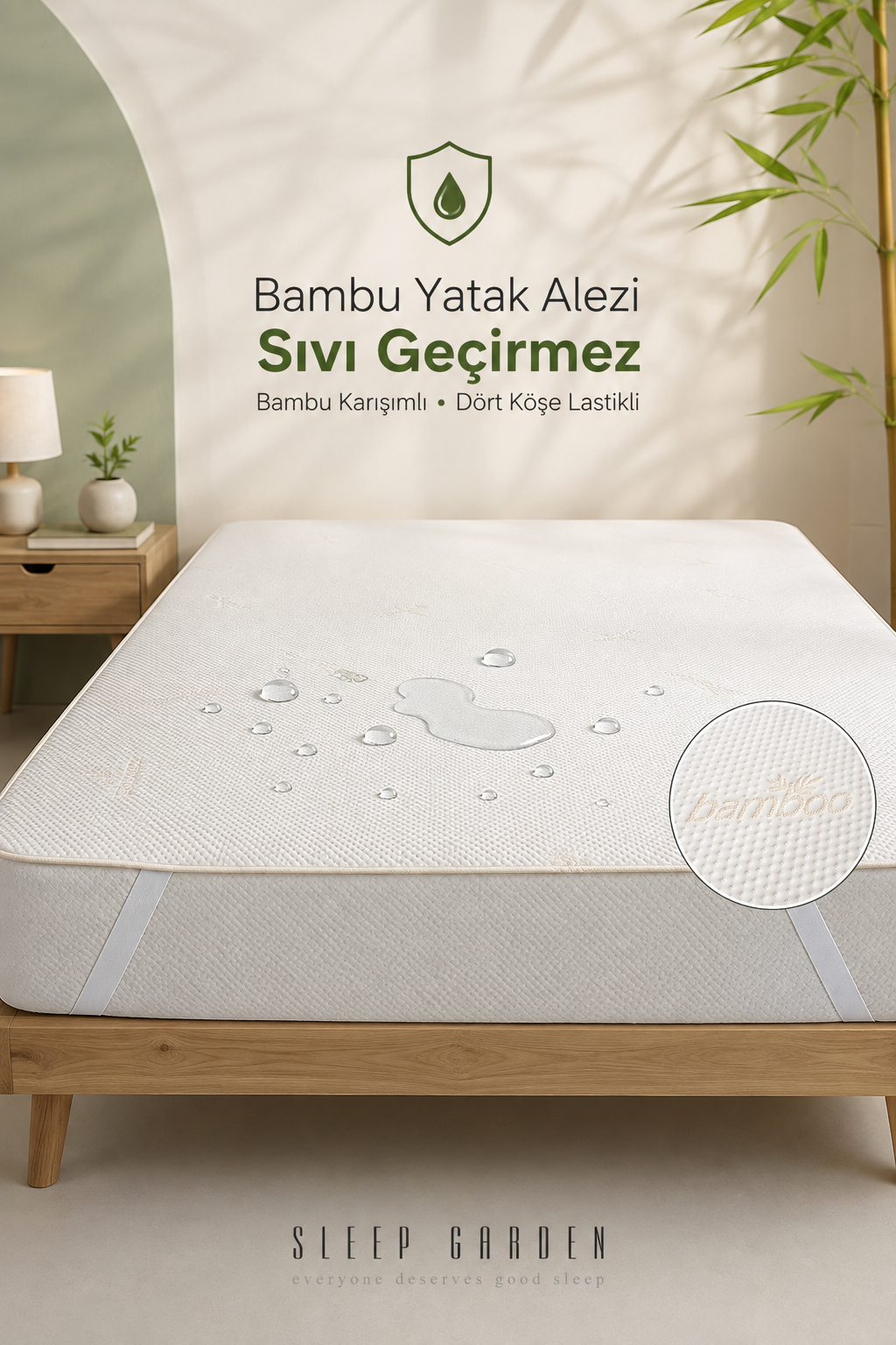 Sleep Garden Bambu Yatak Alezi Sıvı Geçirmez Dört Köşe LastikliSleep Garden Bambu Yatak Alezi Sıvı Geçirmez Dört Köşe Lastikli Çantalı Sleep Garden