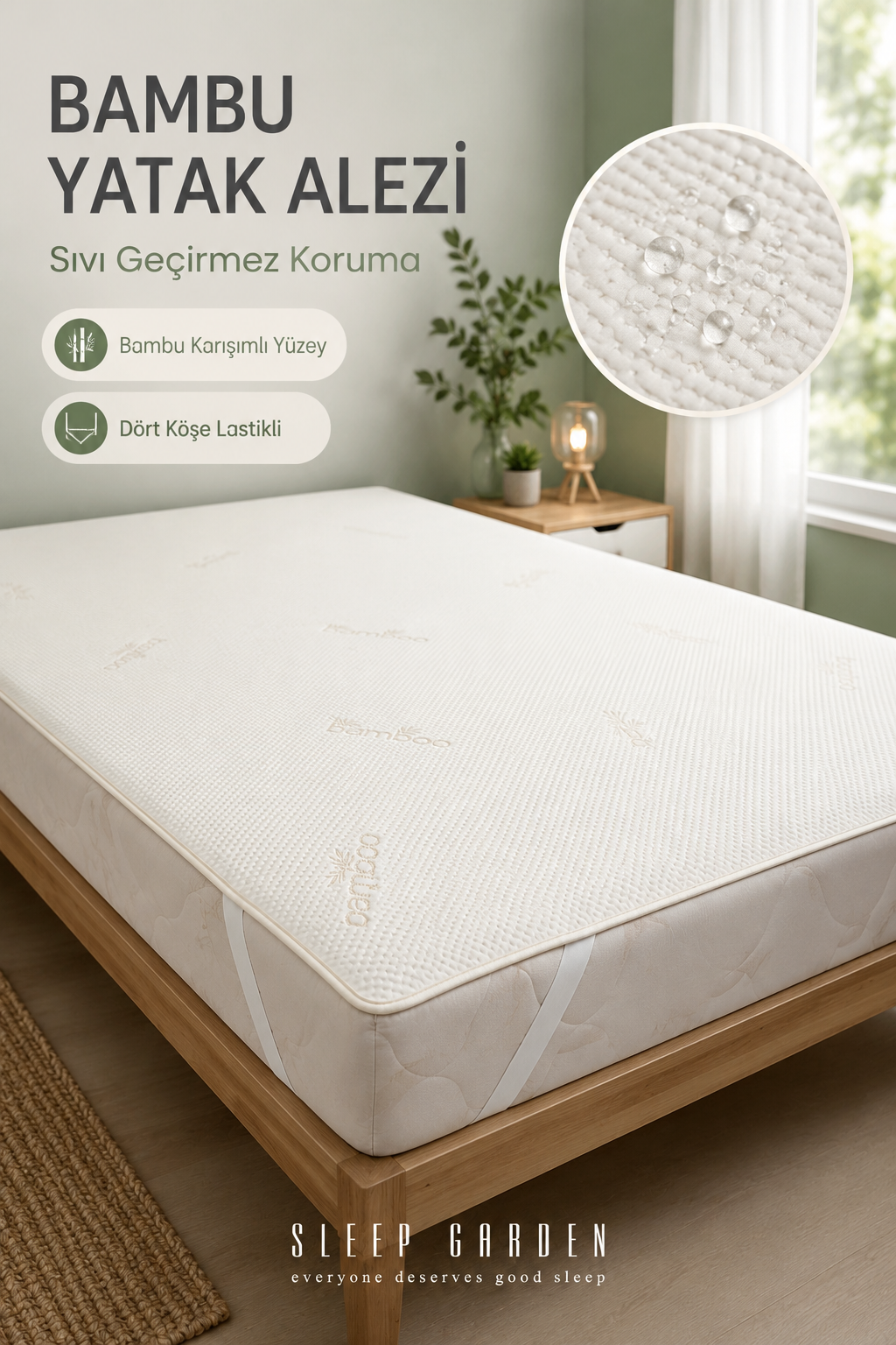 Sleep Garden Bambu Yatak Alezi Sıvı Geçirmez Dört Köşe LastikliSleep Garden Bambu Yatak Alezi Sıvı Geçirmez Dört Köşe Lastikli Çantalı Sleep Garden