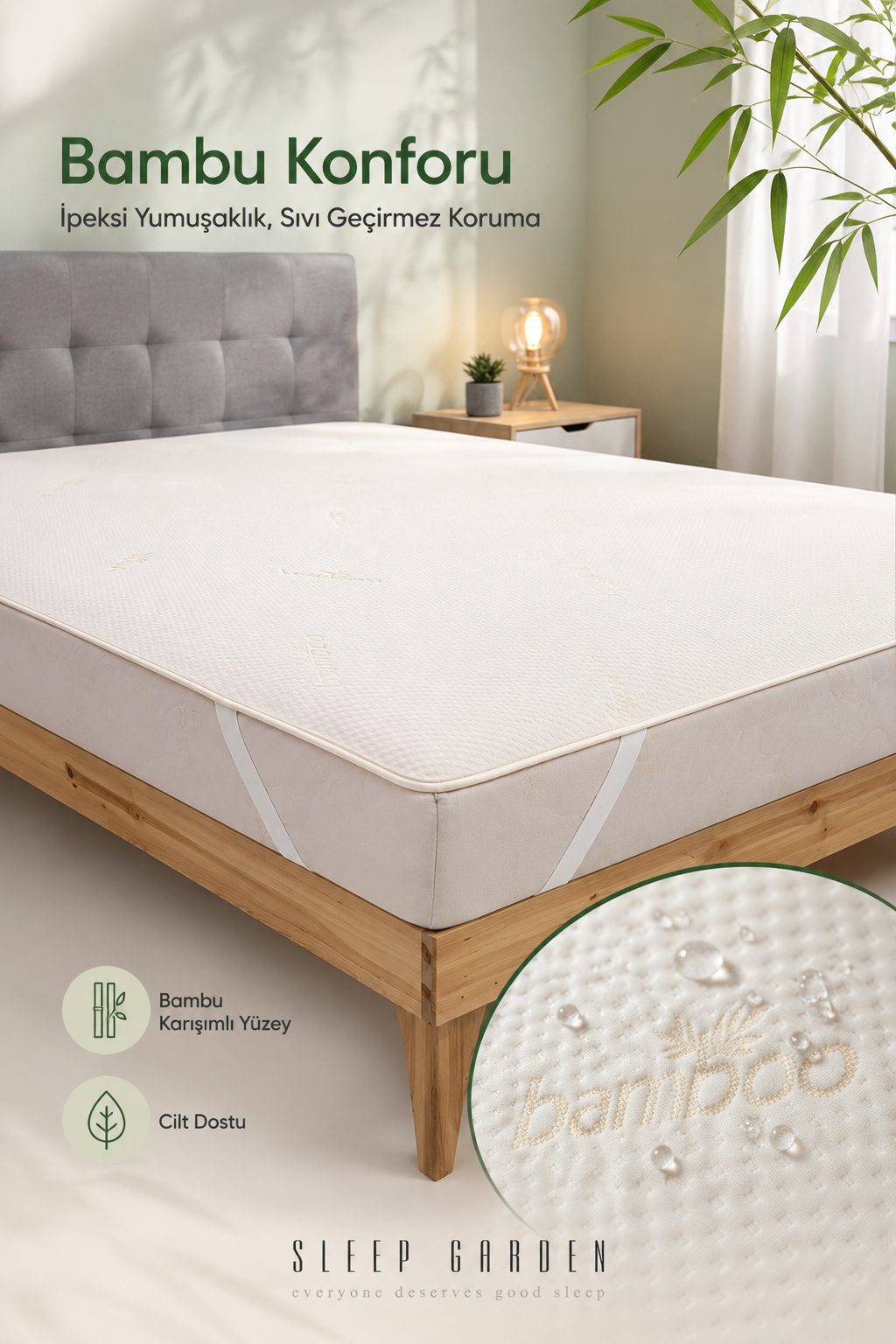 Sleep Garden Bambu Yatak Alezi Sıvı Geçirmez Dört Köşe LastikliSleep Garden Bambu Yatak Alezi Sıvı Geçirmez Dört Köşe Lastikli Çantalı Sleep Garden