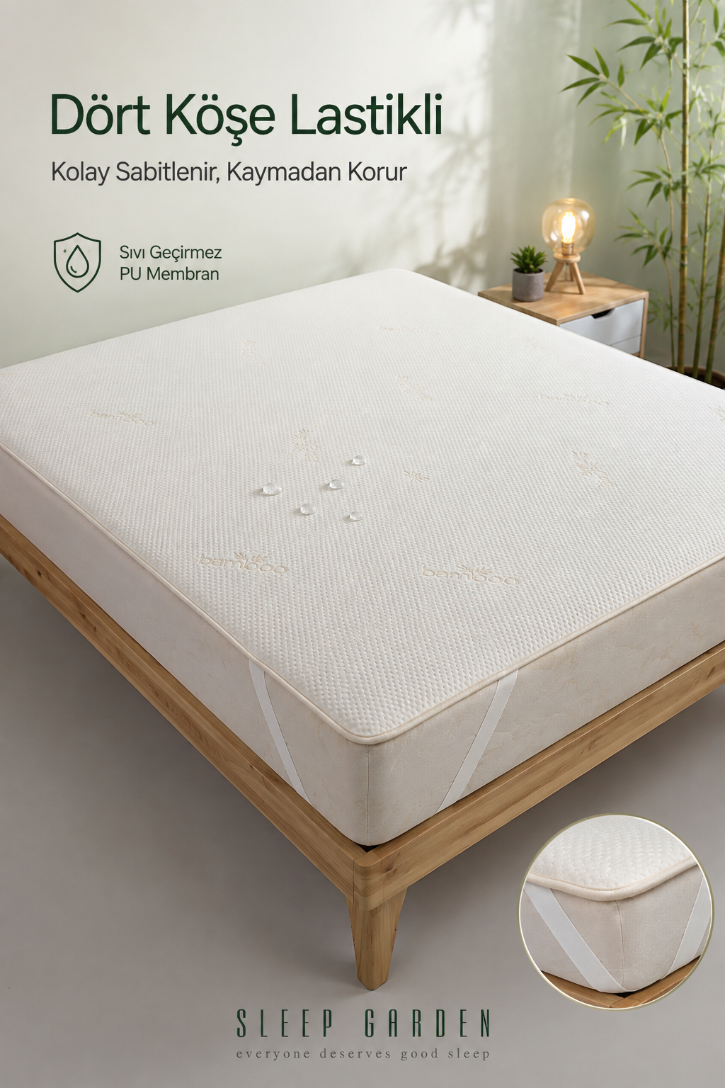 Sleep Garden Bambu Yatak Alezi Sıvı Geçirmez Dört Köşe LastikliSleep Garden Bambu Yatak Alezi Sıvı Geçirmez Dört Köşe Lastikli Çantalı Sleep Garden