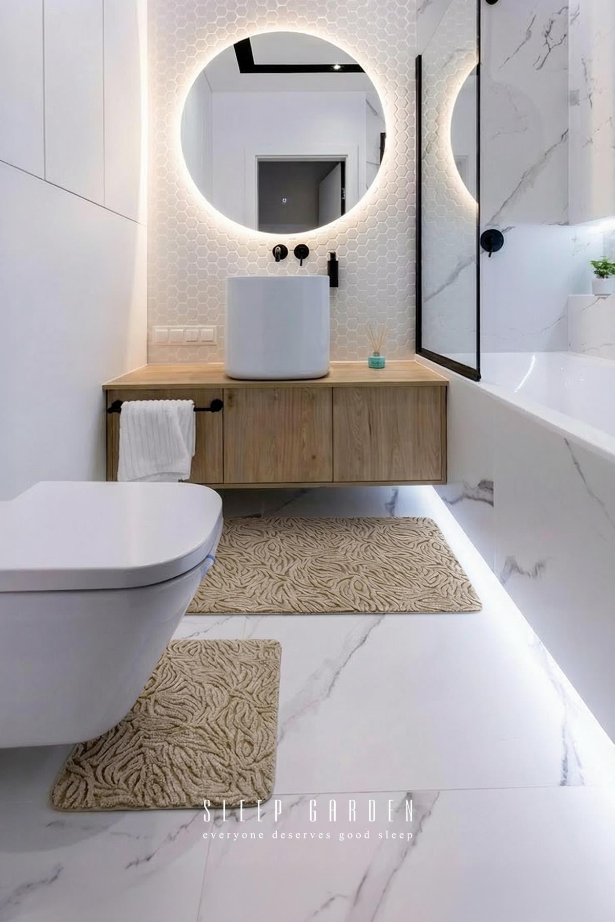 Sleep Garden Calma Banyo Paspas Seti Kaydırmaz 60x100 cm + 40x60 cm KahverengiSleep Garden