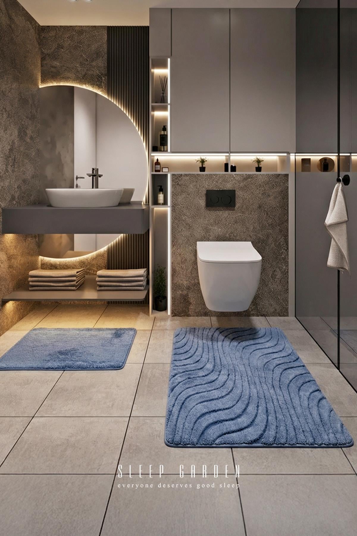 Sleep Garden Calma Banyo Paspas Seti Kaydırmaz 60x100 cm + 40x60 cm MaviSleep Garden