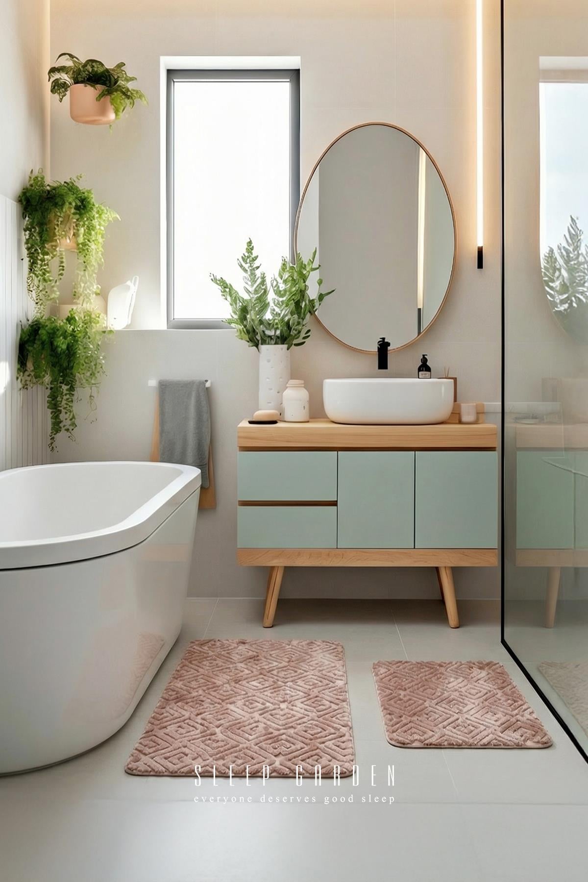 Sleep Garden Calma Banyo Paspas Seti Kaydırmaz 60x100 cm + 40x60 cm Gül Kurusu Sleep Garden