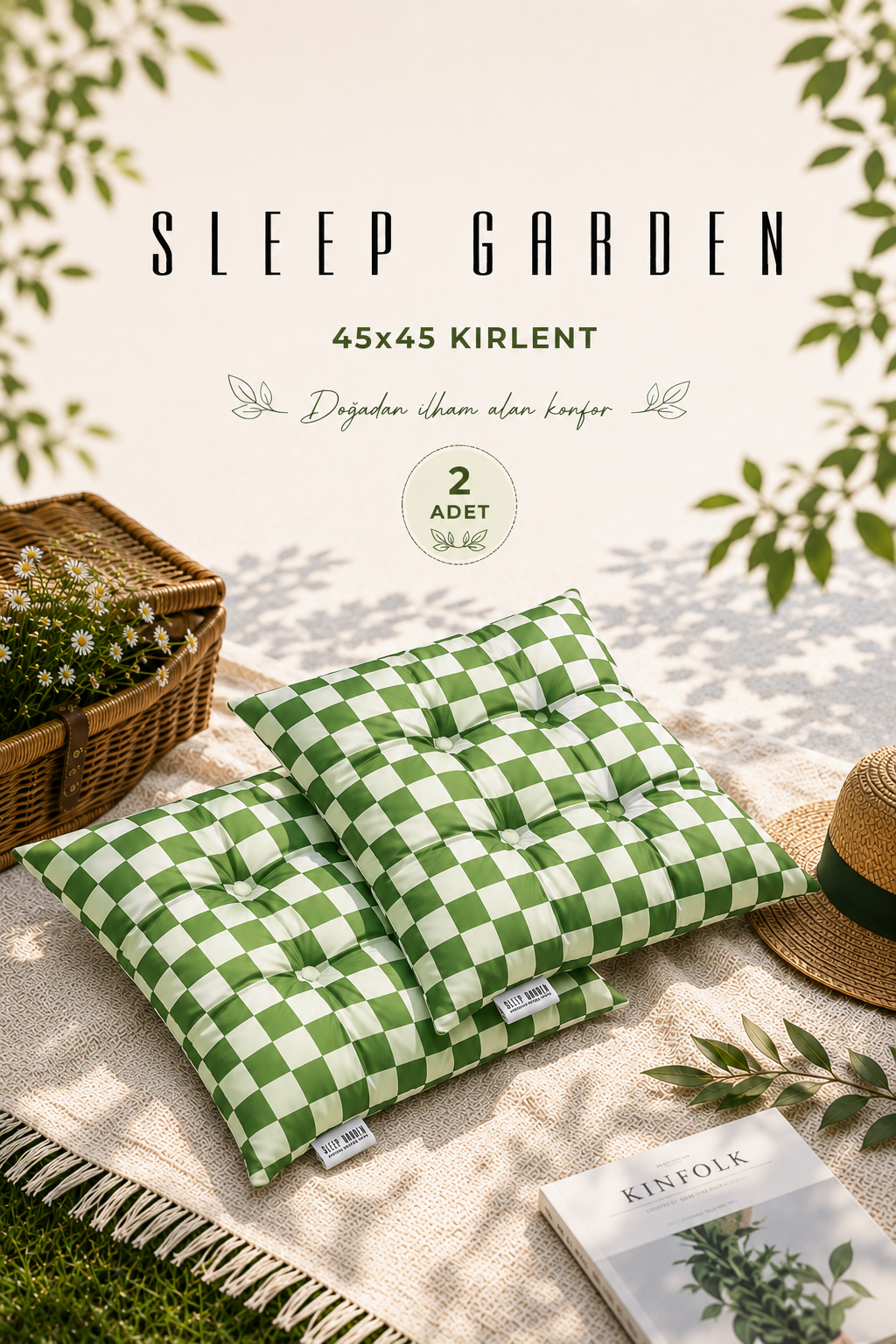 Sleep Garden Çok Amaçlı Kırlent Pofuduk Minder Pötikareli 45x45 Yeşil 2 AdetSleep Garden