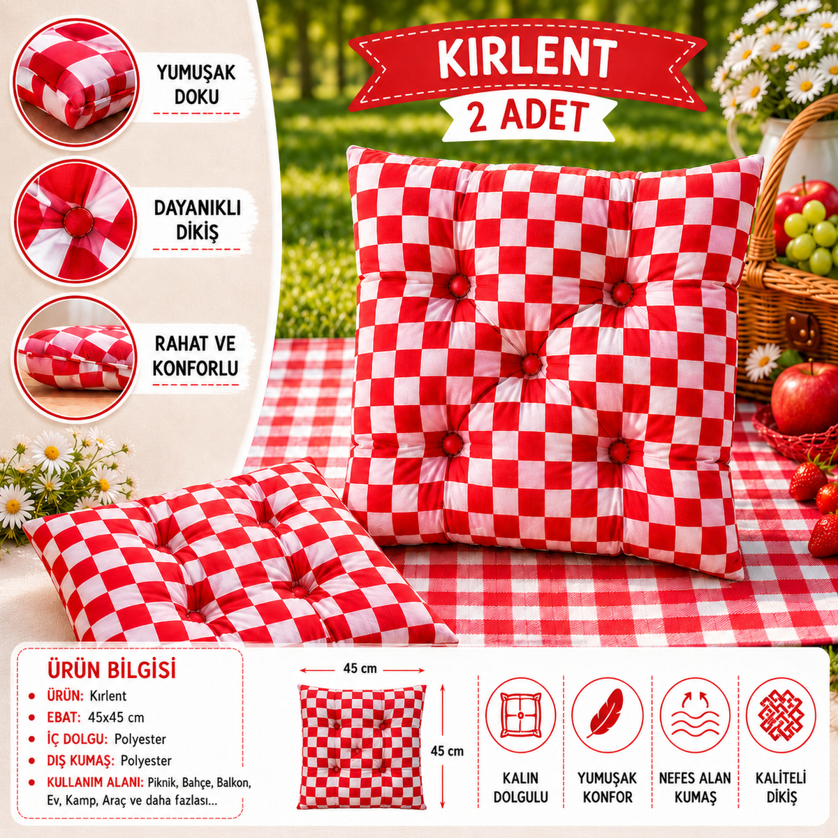 Sleep Garden Çok Amaçlı Kırlent Pofuduk Minder Pötikareli 45x45 2'liSleep Garden