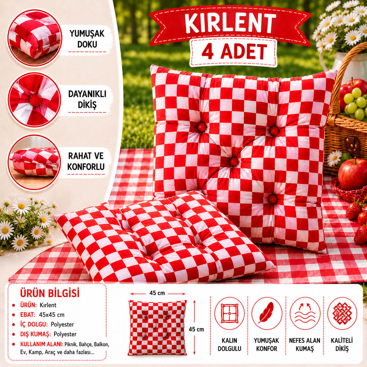 Sleep Garden Çok Amaçlı Kırlent Pofuduk Minder Pötikareli 45x45 4'lüSleep Garden