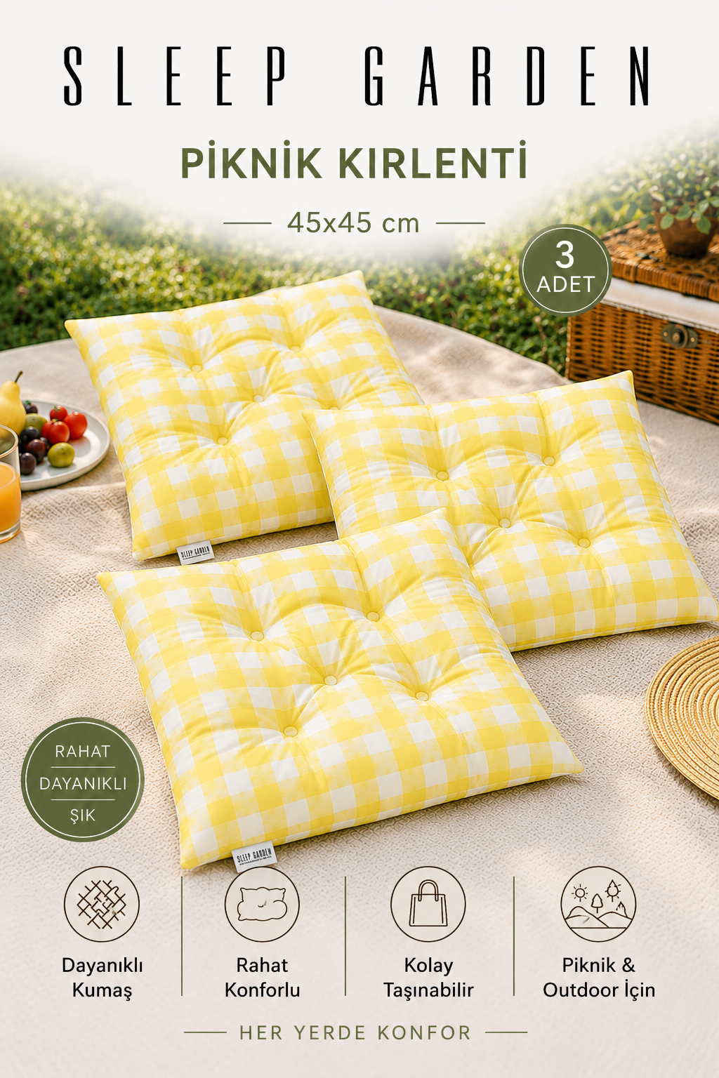 Sleep Garden Çok Amaçlı Kırlent Pofuduk Minder Pötikareli 45x45 Sarı 3 AdetSleep Garden