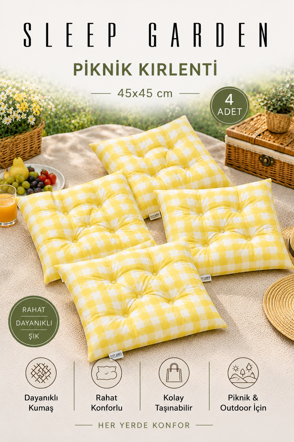 Sleep Garden Çok Amaçlı Kırlent Pofuduk Minder Pötikareli 45x45 Sarı 4 AdetSleep Garden