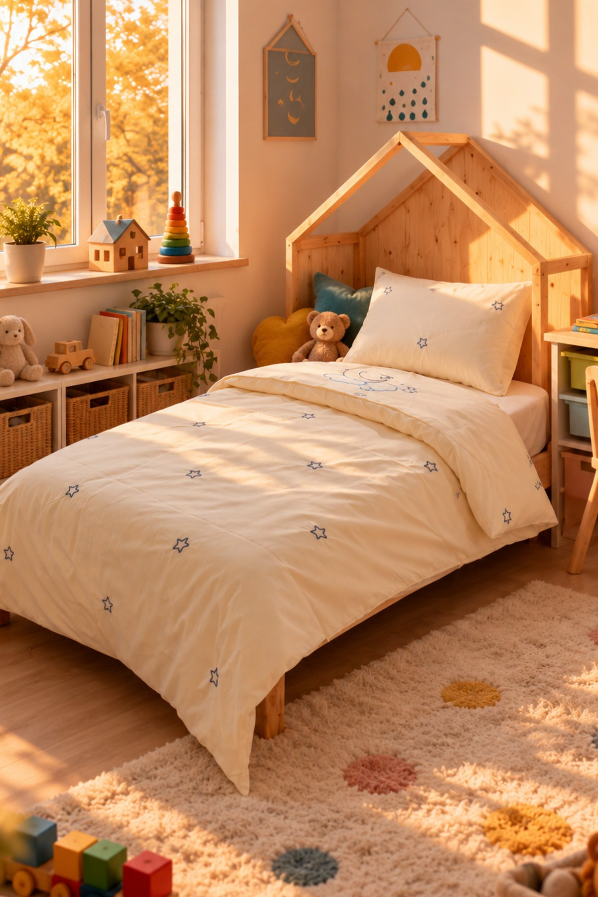 Sleep Garden Esen Bebek Nevresim Takımı Nakışlı %100 Pamuk Mavi Yıldız Desenli Sleep Garden
