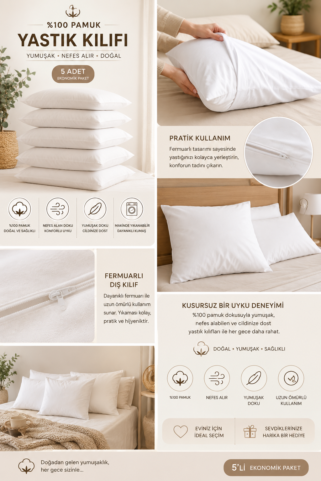 Sleep Garden Fermuarlı Krem Rengi Pamuk Yastık Mitili İç Kılıf 50*70cm 5 AdetSleep Garden Fermuarlı Krem Rengi Pamuk Yastık Mitili İç Kılıf 5 AdetSleep Garden
