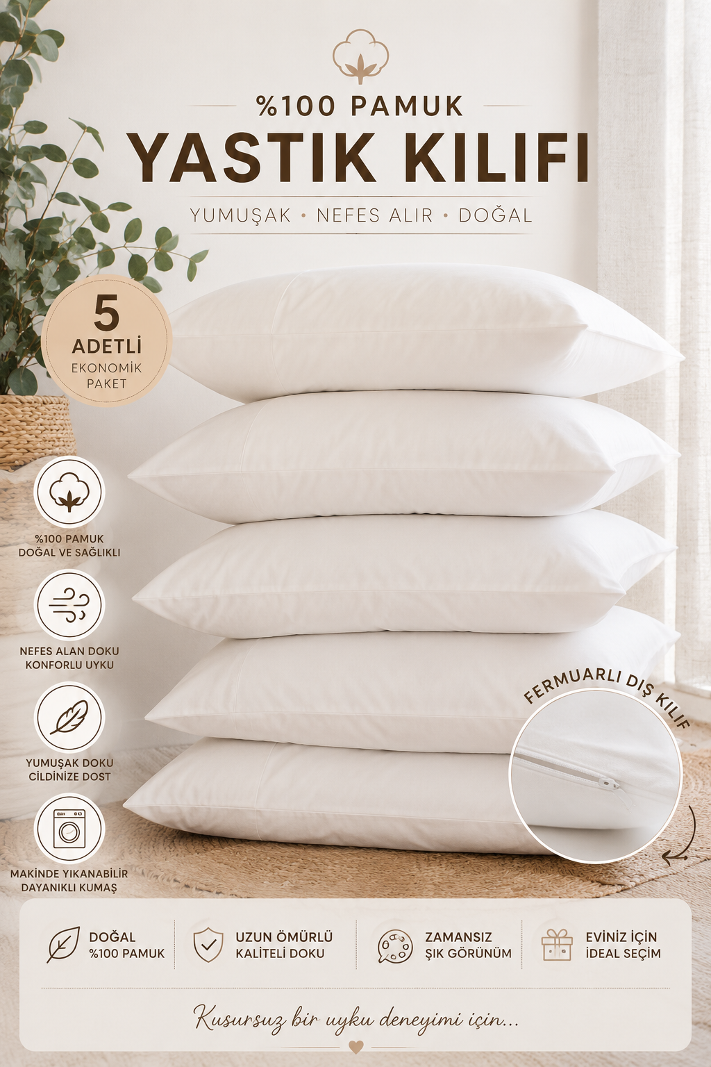 Sleep Garden Fermuarlı Krem Rengi Pamuk Yastık Mitili İç Kılıf 50*70cm 5 AdetSleep Garden Fermuarlı Krem Rengi Pamuk Yastık Mitili İç Kılıf 5 AdetSleep Garden