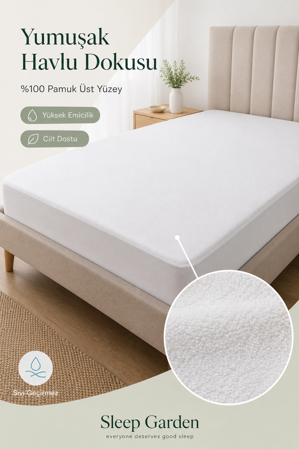 Sleep Garden Havlulu Yatak Alezi Fitted Sıvı Geçirmez Sleep Garden Pamuk Yatak Alezi Fitted Sıvı Geçirmez Çantalı Sleep Garden
