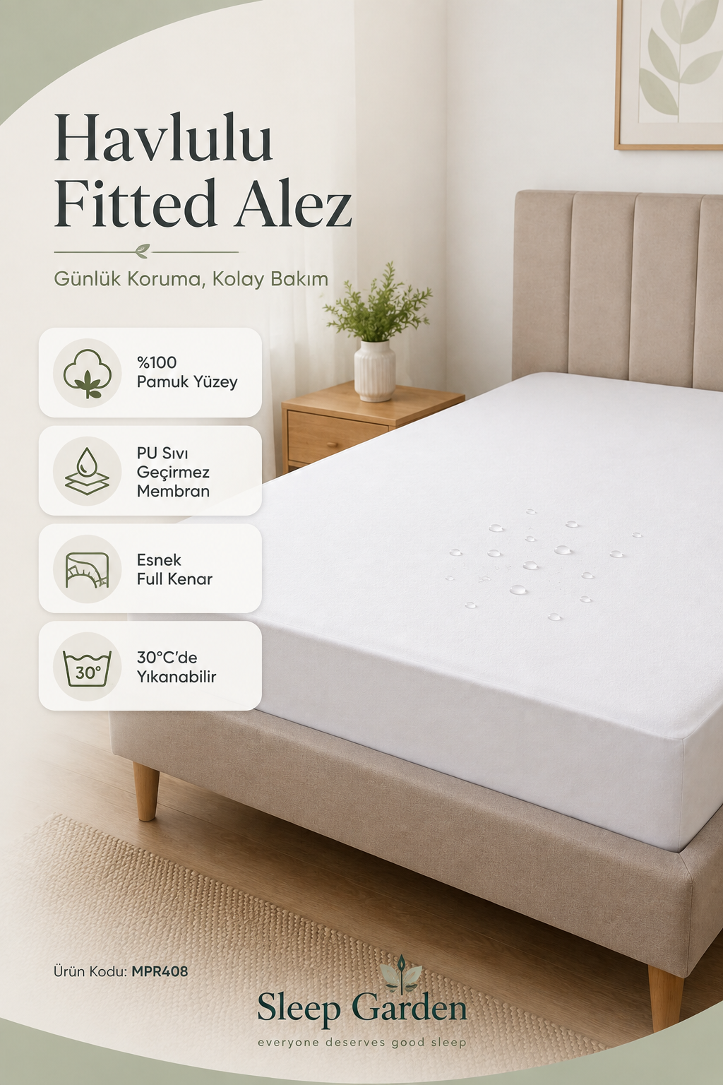 Sleep Garden Havlulu Yatak Alezi Fitted Sıvı Geçirmez Sleep Garden Pamuk Yatak Alezi Fitted Sıvı Geçirmez Çantalı Sleep Garden