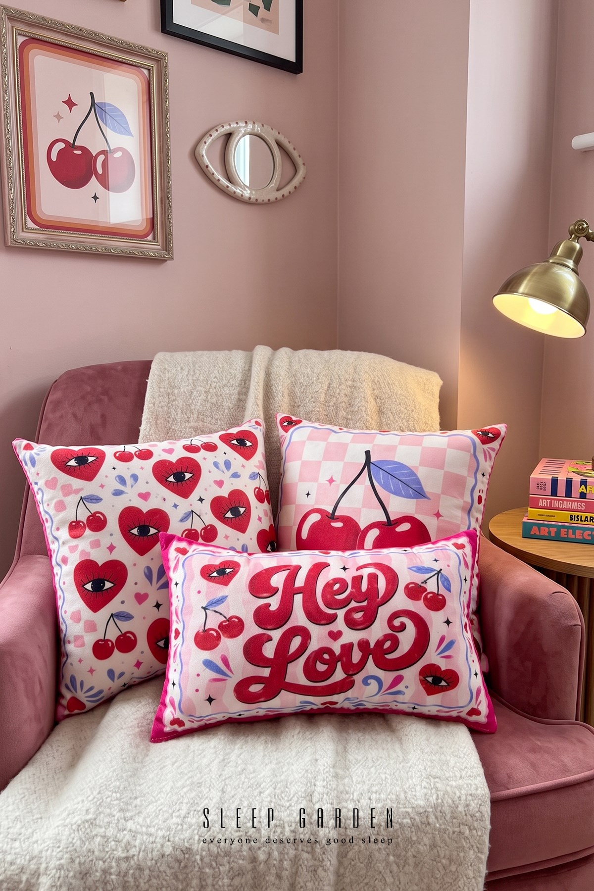Sleep Garden Kiraz&Kalp Tasarım Dekoratif Kırlent Kılıfı | Modern Ev Dekoru Set 3'lüSleep Garden