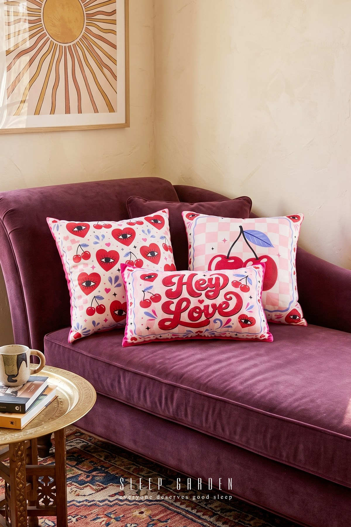 Sleep Garden Kiraz&Kalp Tasarım Dekoratif Kırlent Kılıfı | Modern Ev Dekoru Set 3'lüSleep Garden