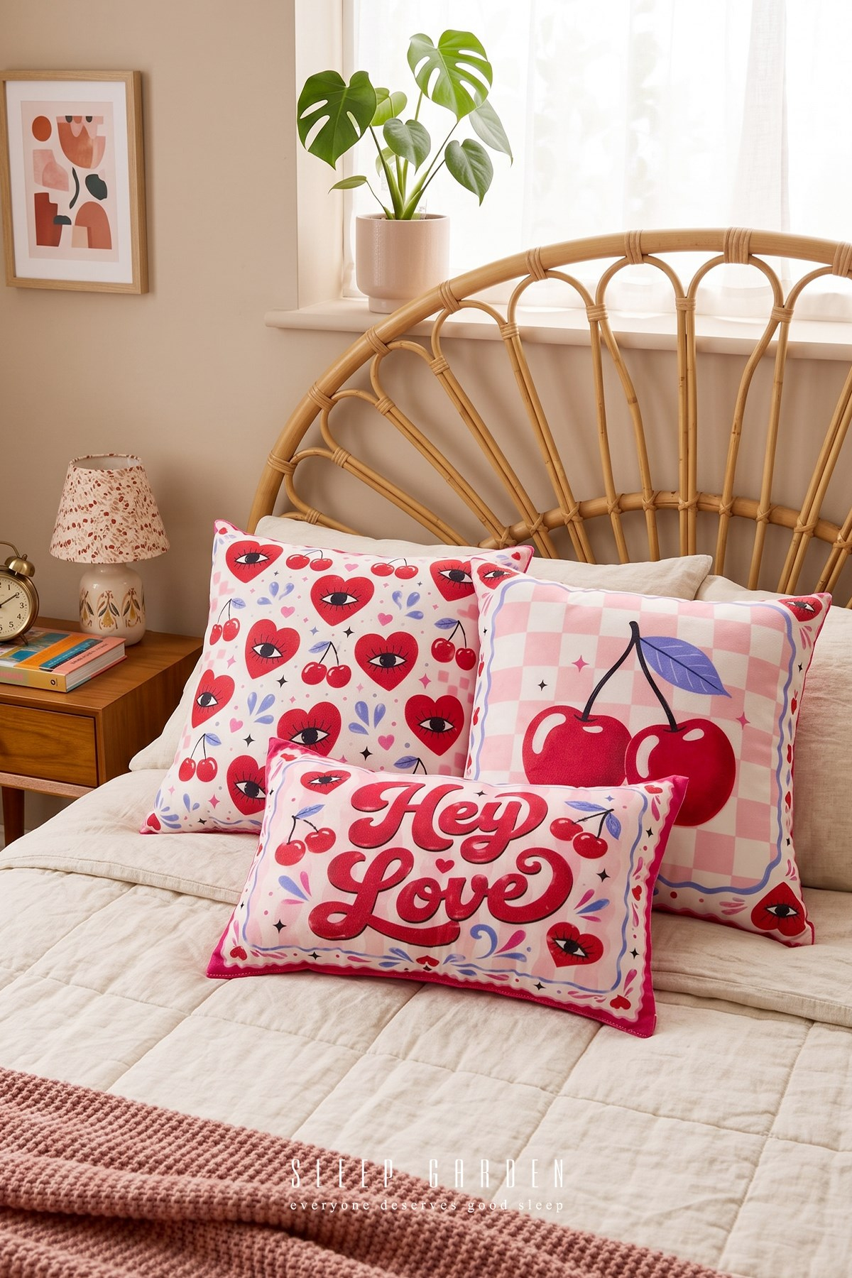 Sleep Garden Kiraz&Kalp Tasarım Dekoratif Kırlent Kılıfı | Modern Ev Dekoru Set 3'lüSleep Garden