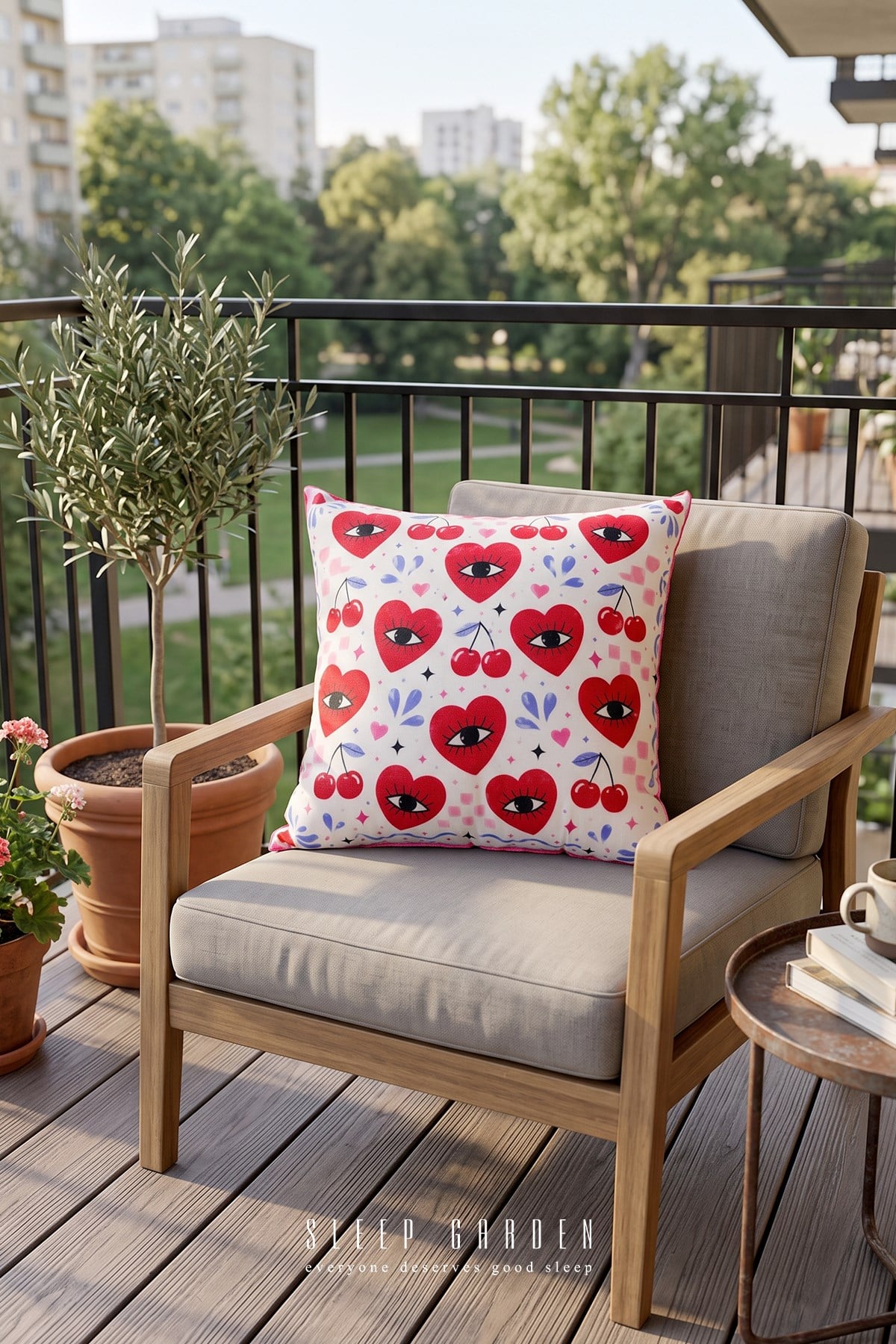 Sleep Garden Kirazlı%Kalpli Tasarım Dekoratif Kırlent Kılıfı | Modern Ev Dekoru 43x43Sleep Garden