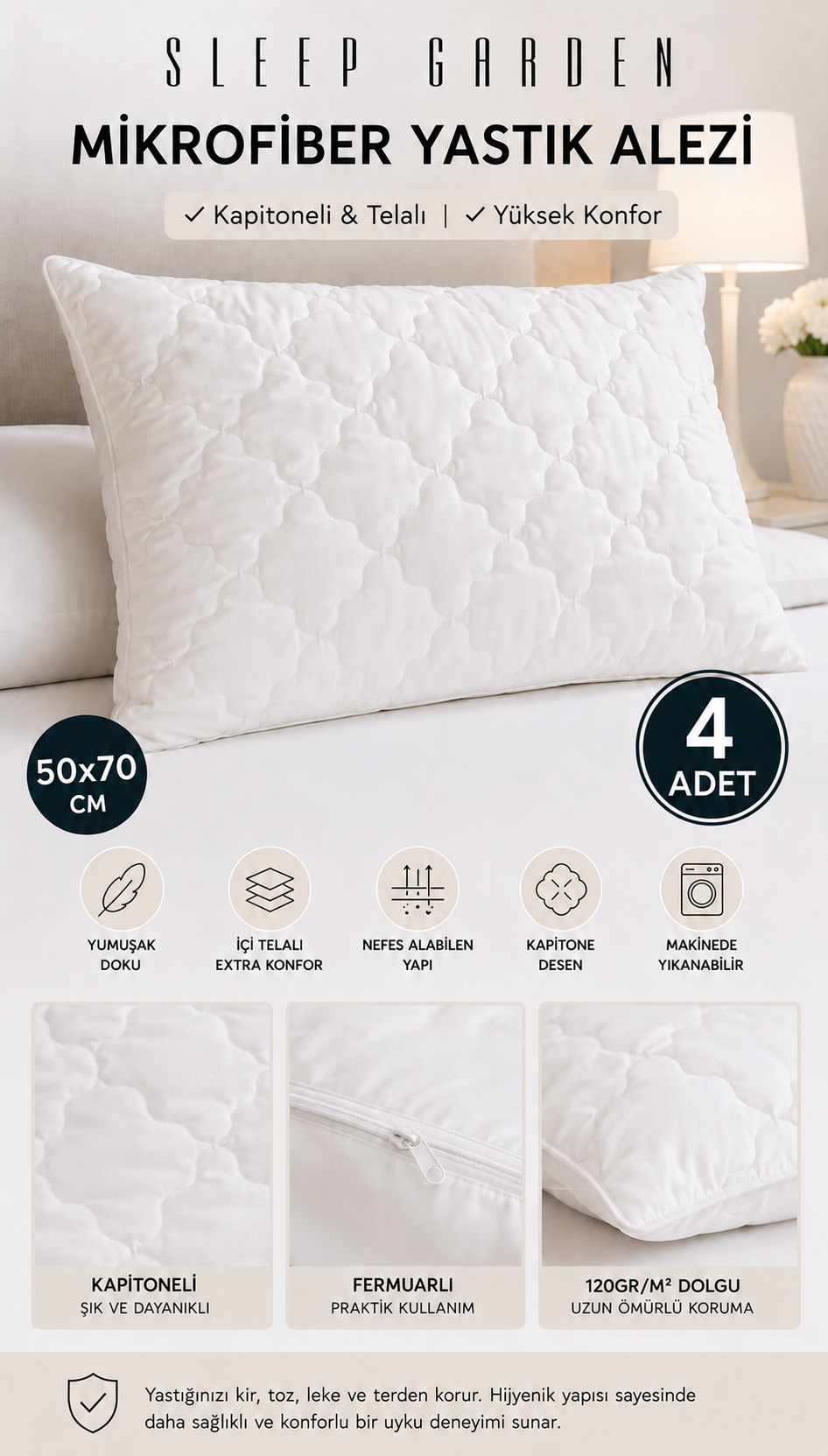 Sleep Garden Microfiber Kapitoneli Yüksek Kalite Yastık Alezi 50x70 4 AdetSleep Garden İçin Telalı Yastık Koruyucu Alez 4 Adet- Dayanıklı ve KoruyucuSleep Garden