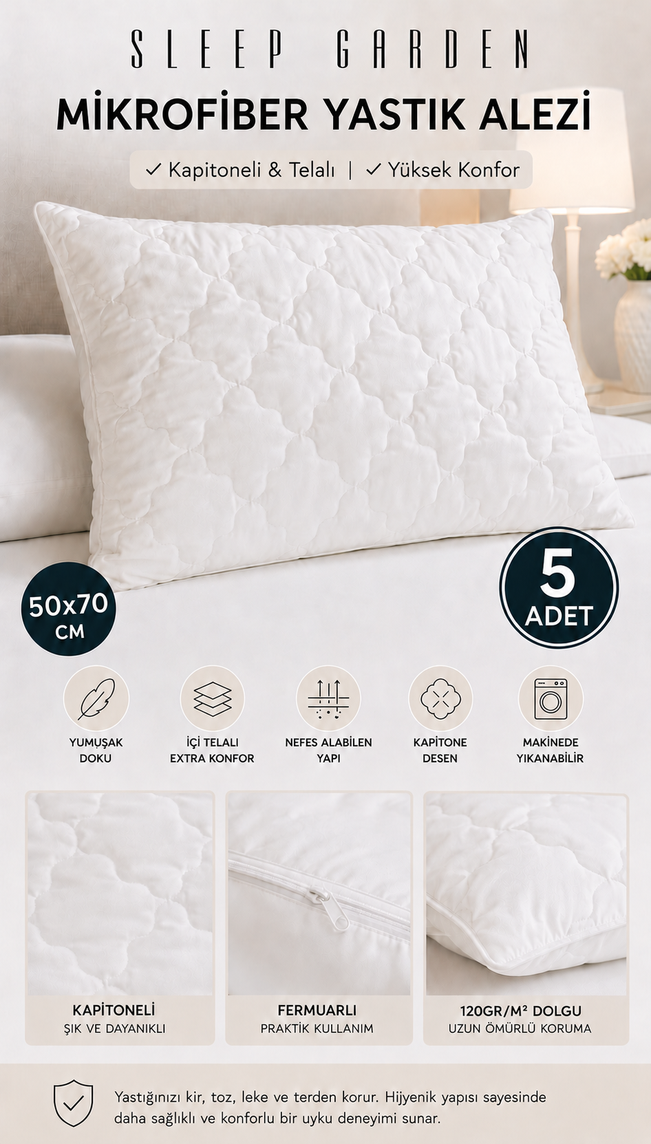 Sleep Garden Microfiber Yastık Korucu Alez Telalı 5 AdetSleep Garden İçin Telalı Yastık Koruyucu Alez 5 Adet- Dayanıklı ve KoruyucuSleep Garden