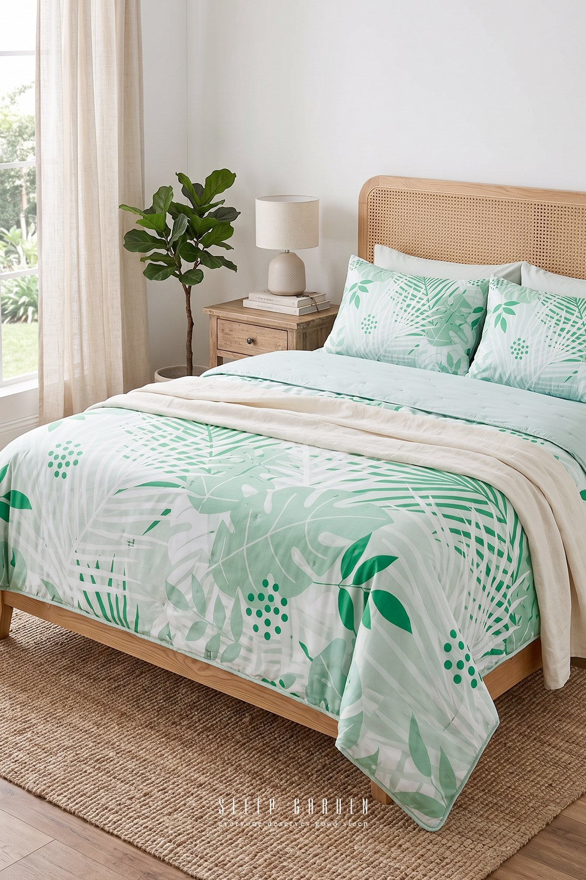 Sleep Garden Palvena Yeşil Yaprak Desenli Kapitoneli Yatak Örtüsü Sleep Garden