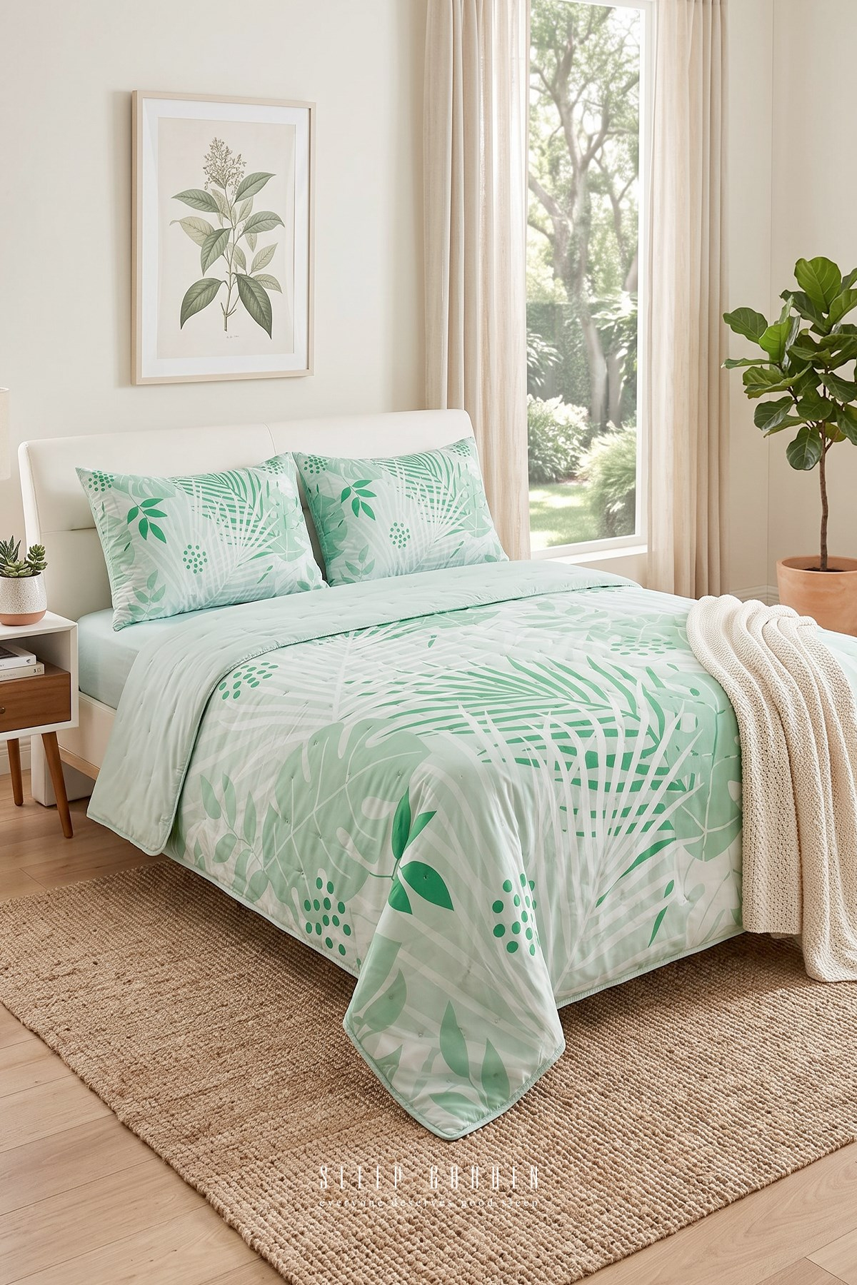 Sleep Garden Palvena Yeşil Yaprak Desenli Kapitoneli Yatak Örtüsü Sleep Garden
