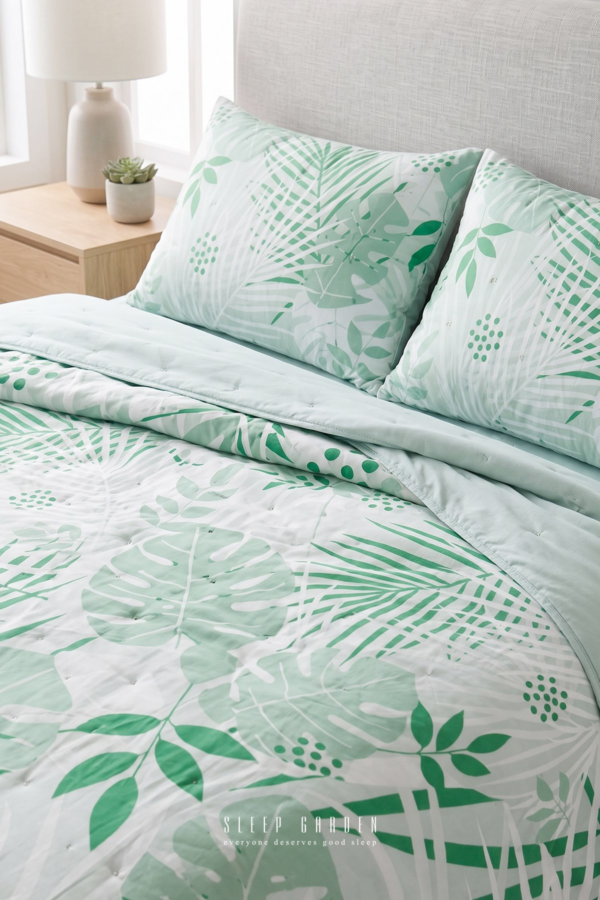 Sleep Garden Palvena Yeşil Yaprak Desenli Kapitoneli Yatak Örtüsü Sleep Garden