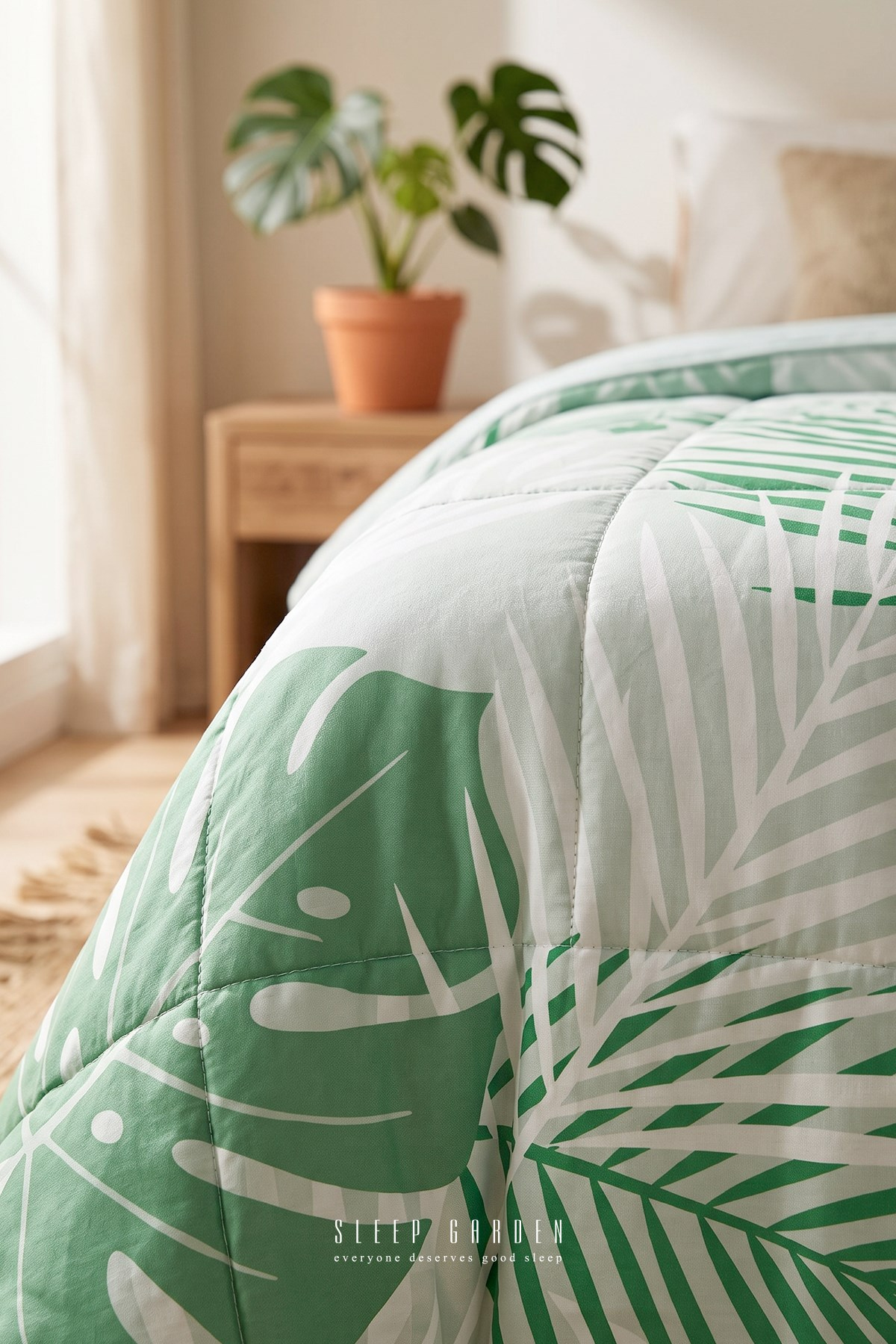 Sleep Garden Palvena Yeşil Yaprak Desenli Kapitoneli Yatak Örtüsü Sleep Garden
