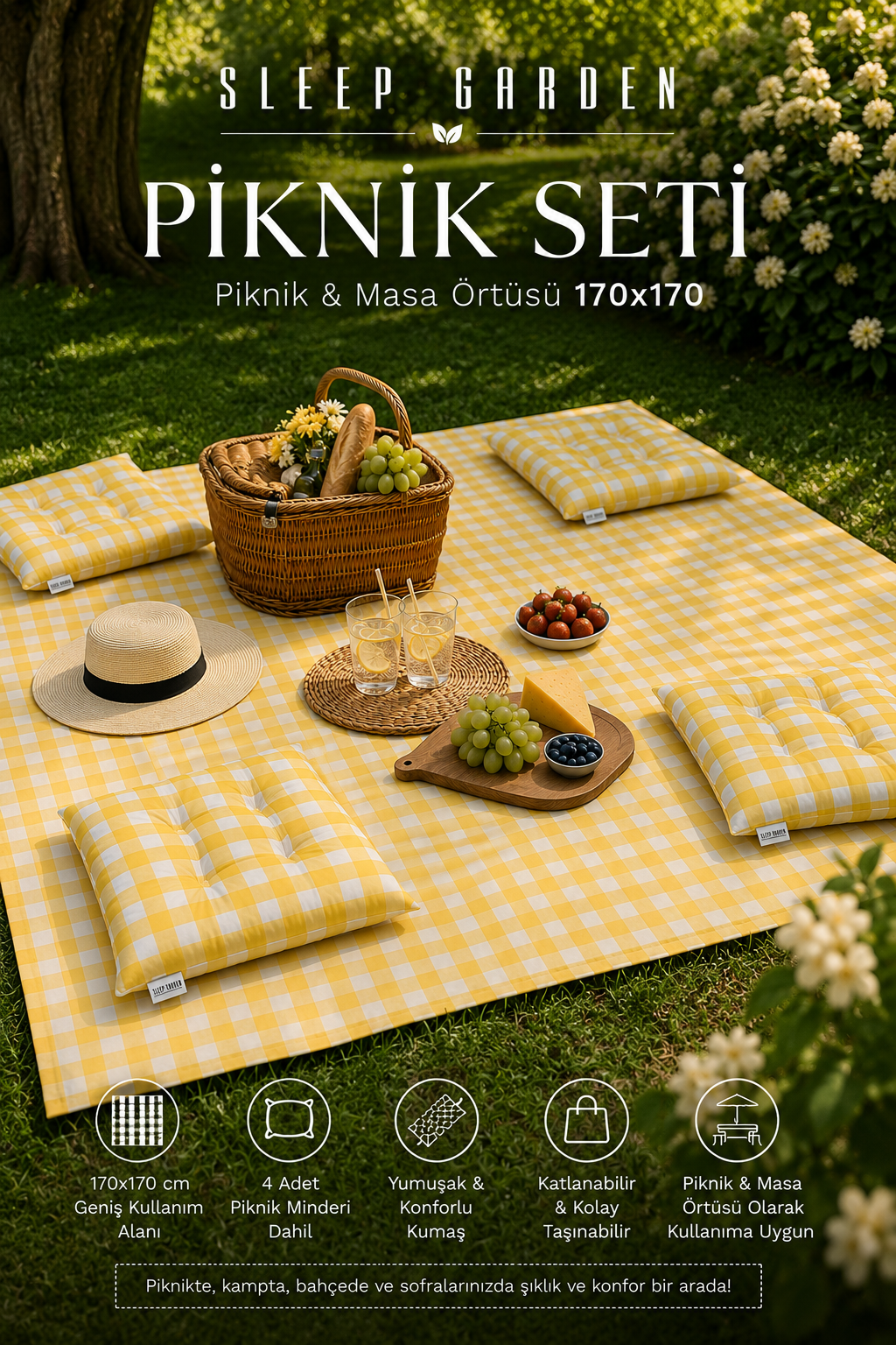Sleep Garden Pötikare Piknik Örtüsü 170*170 4 Adet Sarı Piknik Minderi 45x45 cm Taşıma Çantası Piknik SetiSleep Garden
