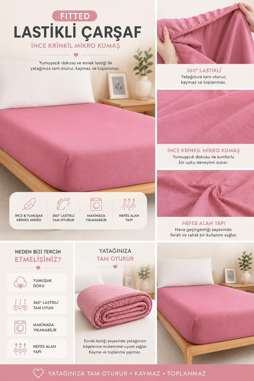 Sleep Garden Premium Krinkıl Lastikli Çarşaf Nefes Alan Yumuşak Kumaş Tam Kenar LastikliSleep Garden