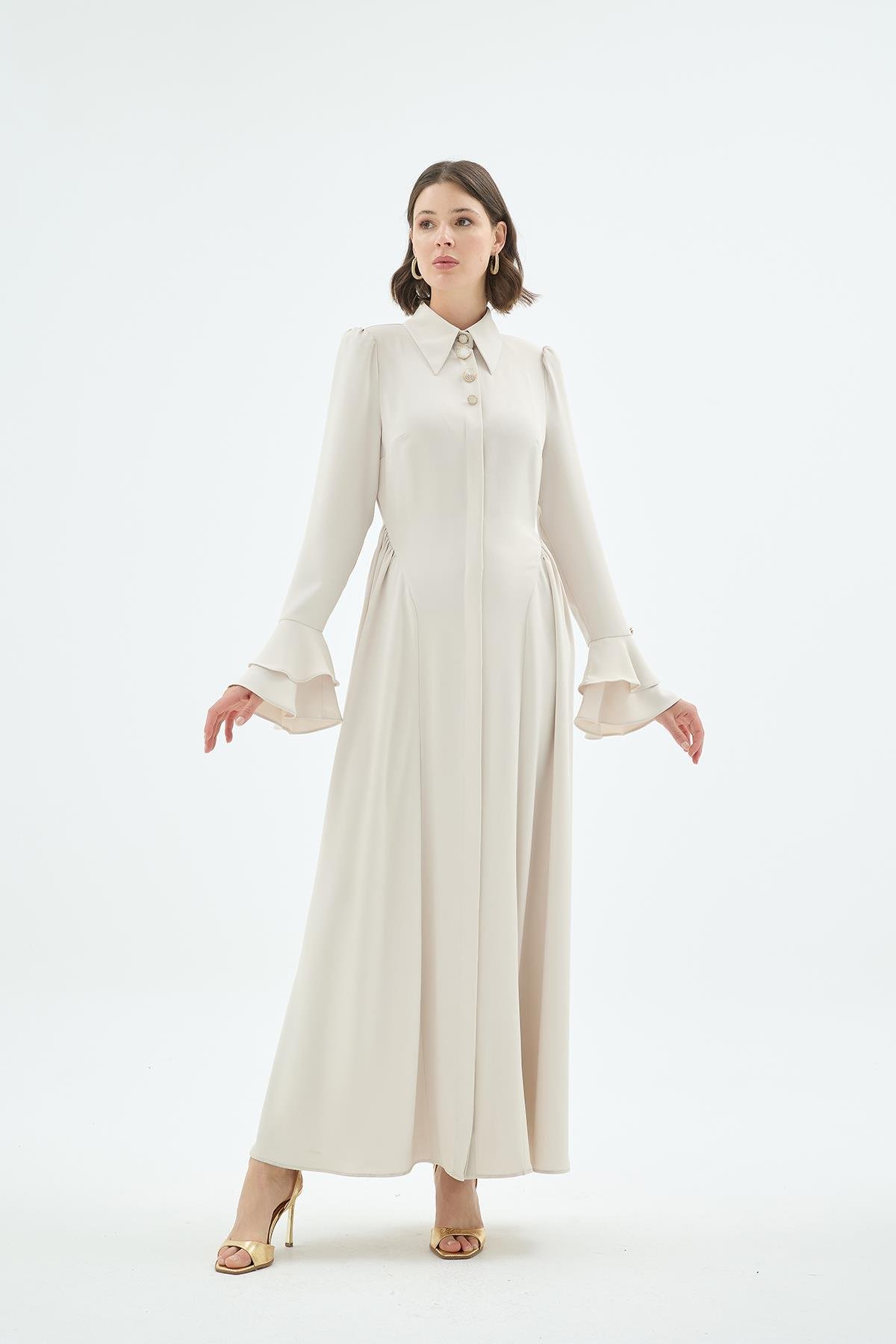 Alune Yanlari Büzgü Detaylı Gömlek Yaka Elbise Taş