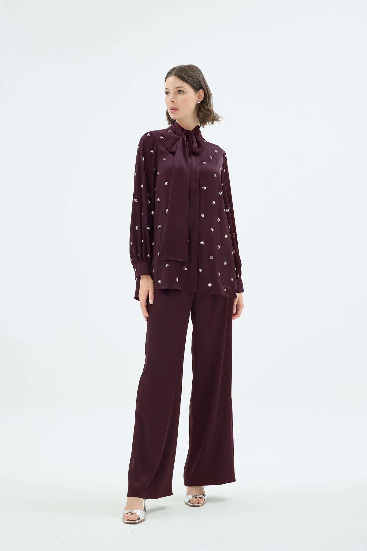 Alya Taş Detaylı Bluz ve Pantolon 2'li Takım Bordo