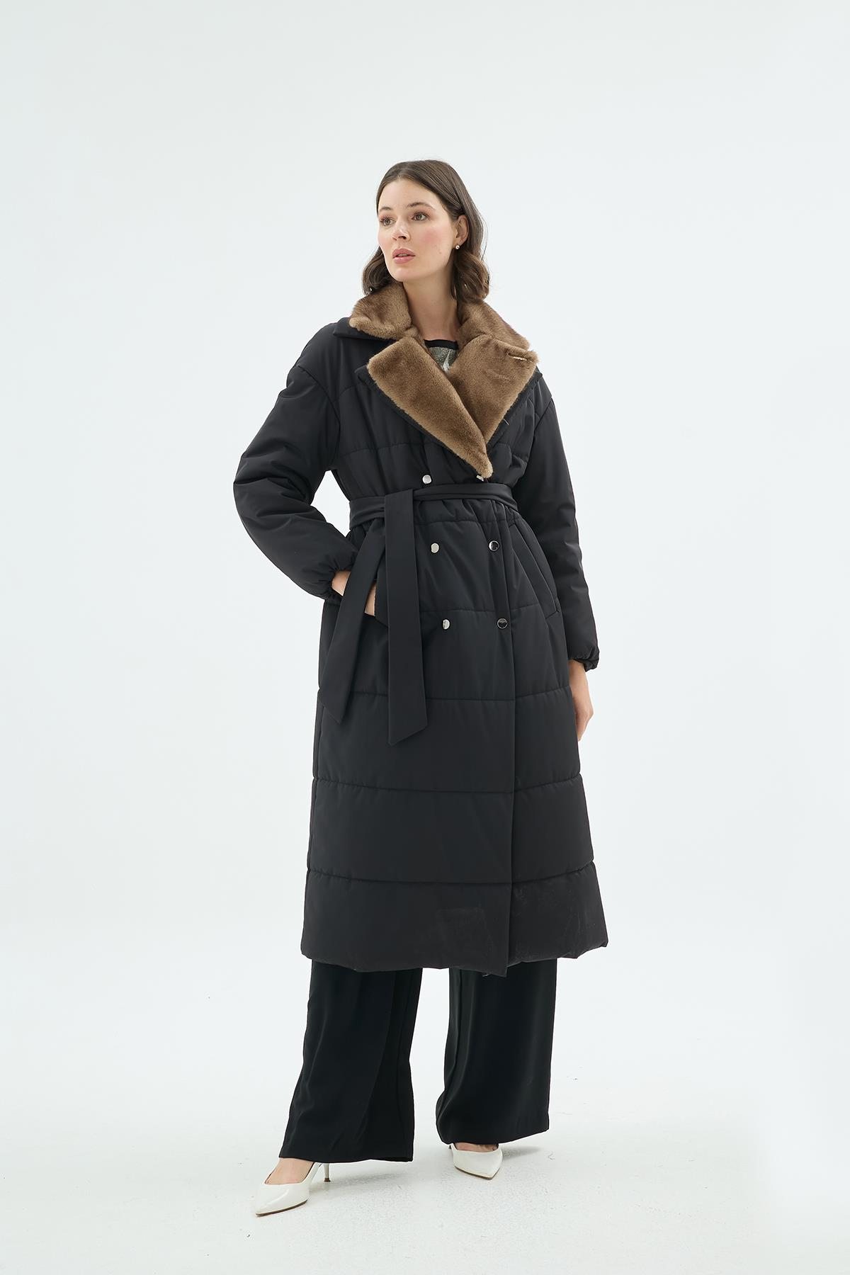 Brina Kürk Yakalı Şişme Trençkot Siyah-SD261061043002