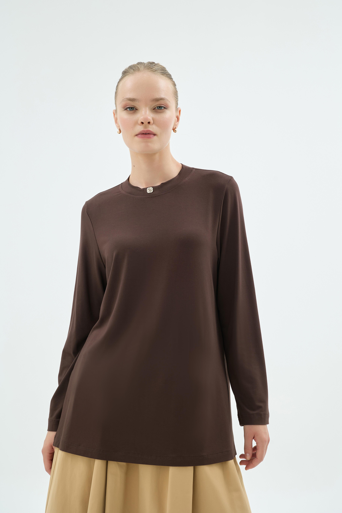 Celina Yandan Yirtmaçli Uzun Kol Body Kahve