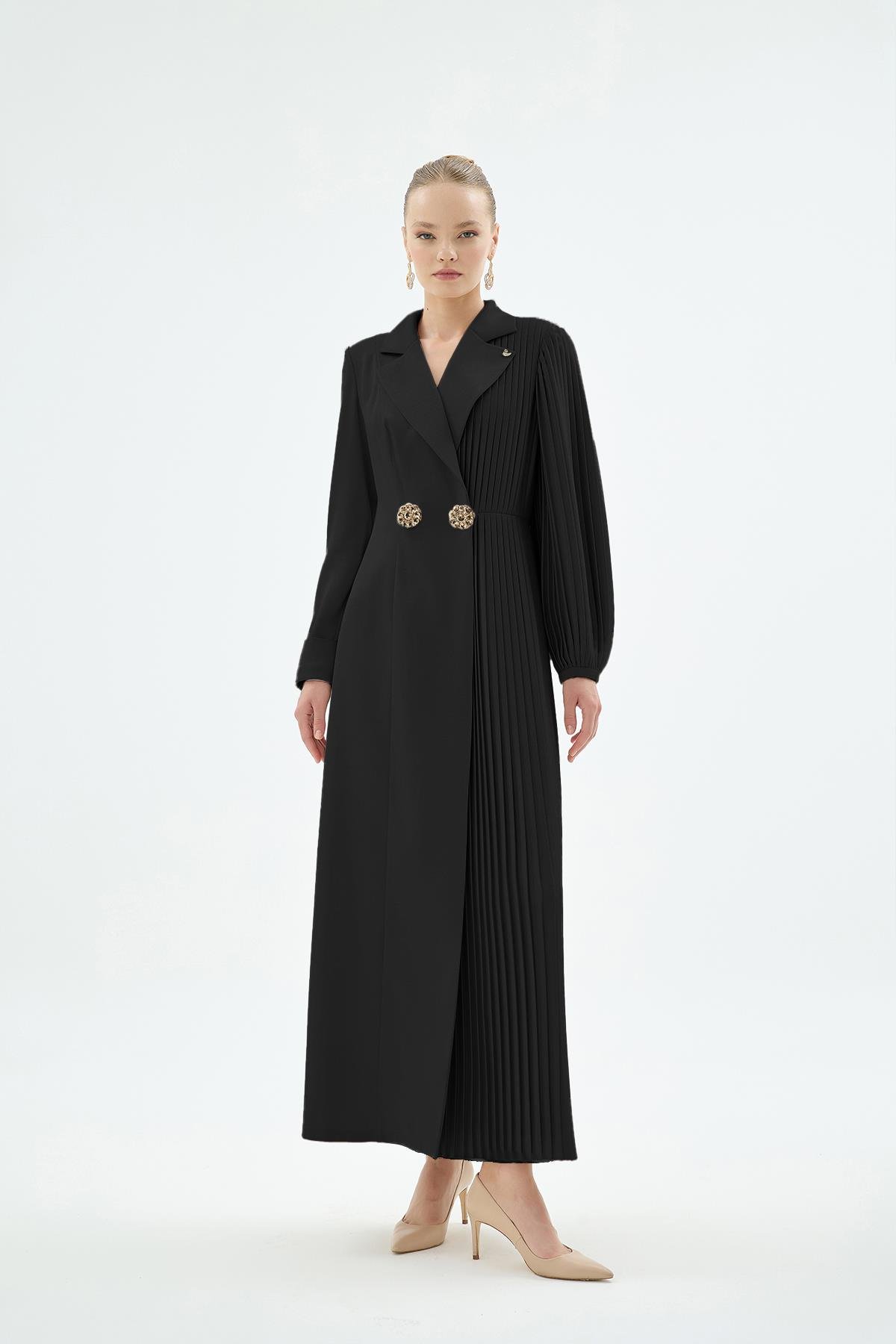 Elise Pilise ve Taş Düğme Detaylı Elbise Siyah