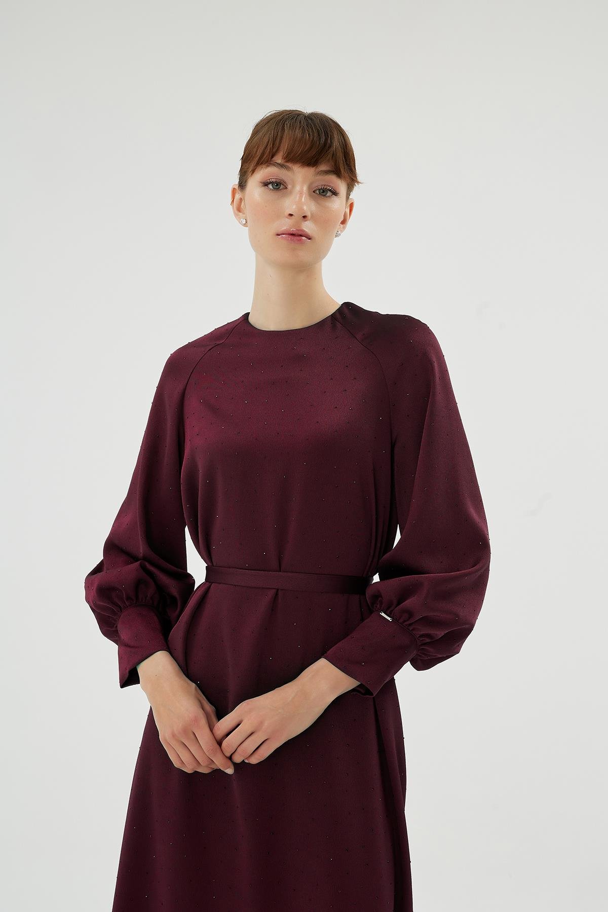 Eliza Reglan Kollu Taş Detaylı Uzun Elbise Bordo