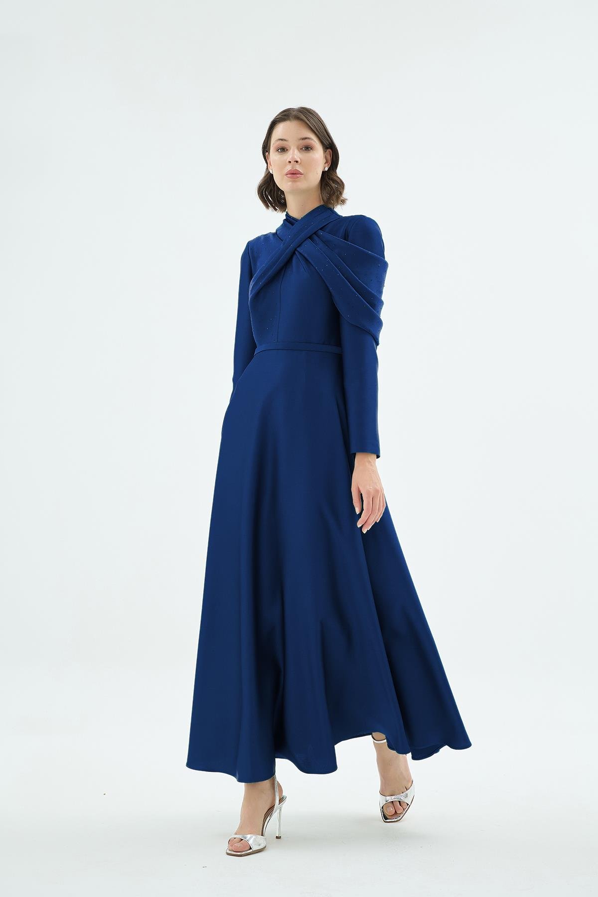 Emerelle Kristal Taşli Çarpaz Omuz Drapeli Elbise Lacivert