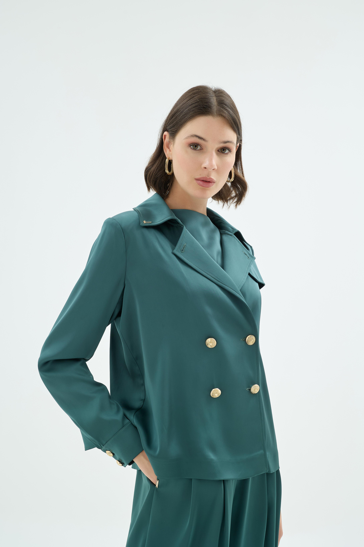 Gigi Düğme Detaylı Kurvaze Ceket Zümrüt