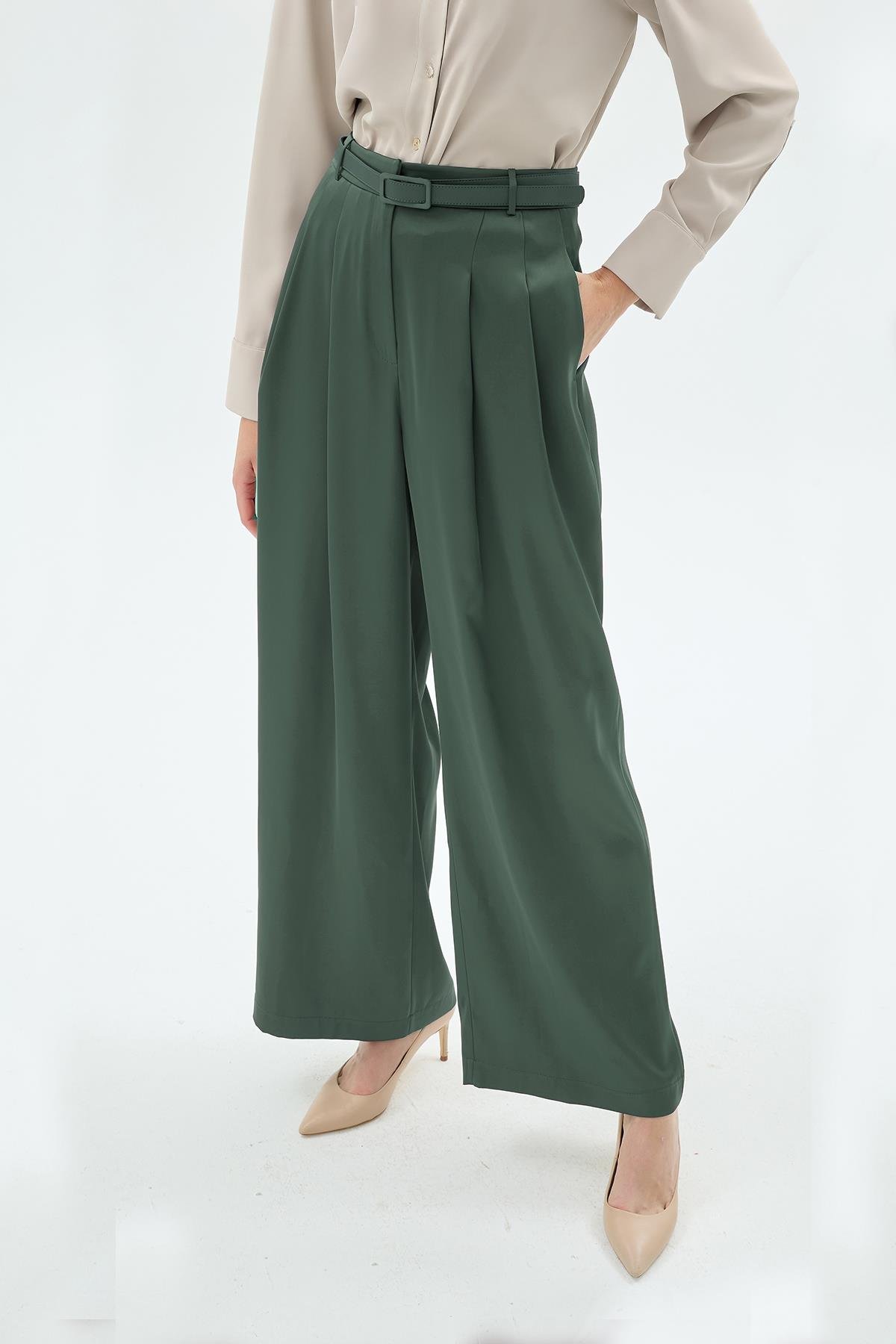 Gigi Yüksek Bel Bol Paça Kemerli Pantolon Zümrüt