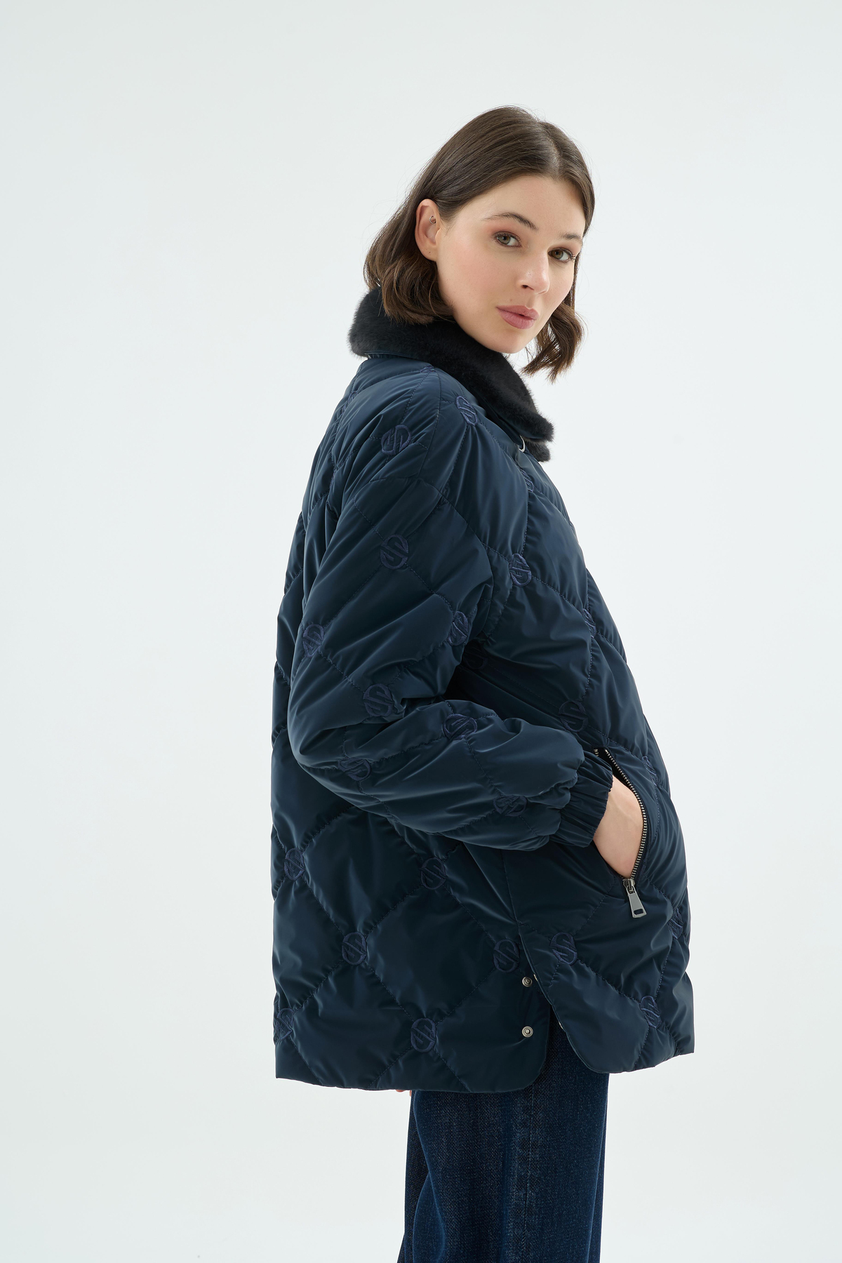 Helsa Fonksiyonel Kürk Yakalı Monogramli Mont Lacivert