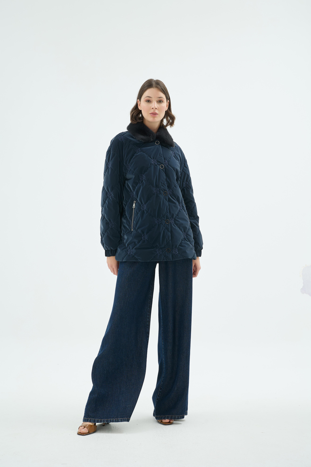 Helsa Fonksiyonel Kürk Yakalı Monogramli Mont Lacivert