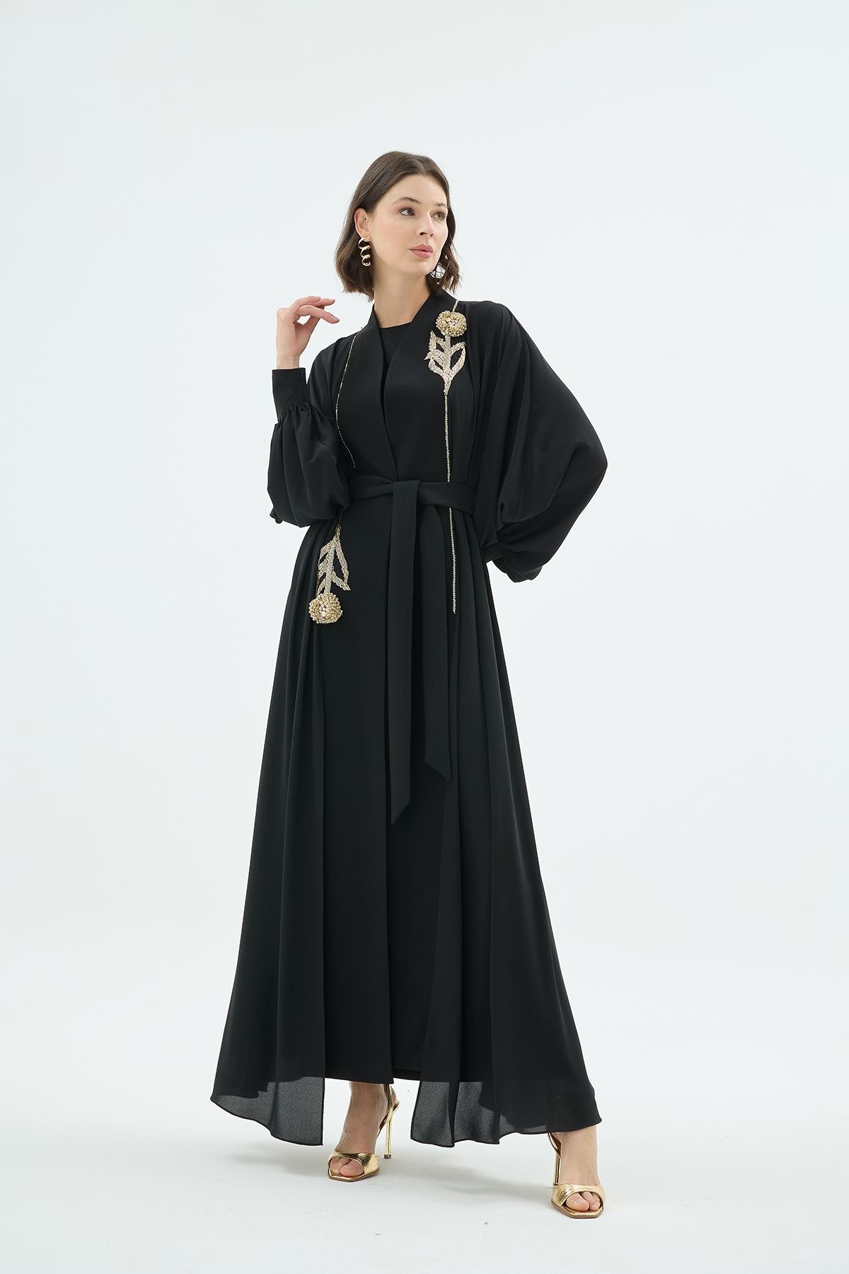 Karla El İşçiliği Gül Motifli Taş İşleme Abaya Siyah