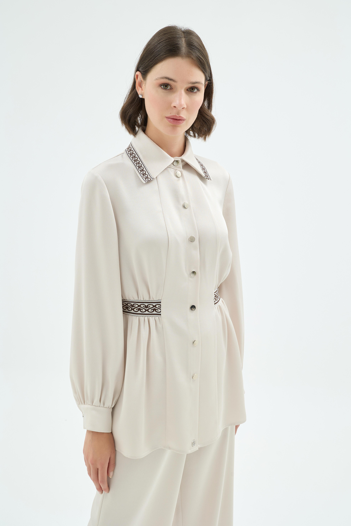 Liza Ribana Detaylı Yakalıli Tunik ve Bol Paça Pantolon 2'li Takım Taş